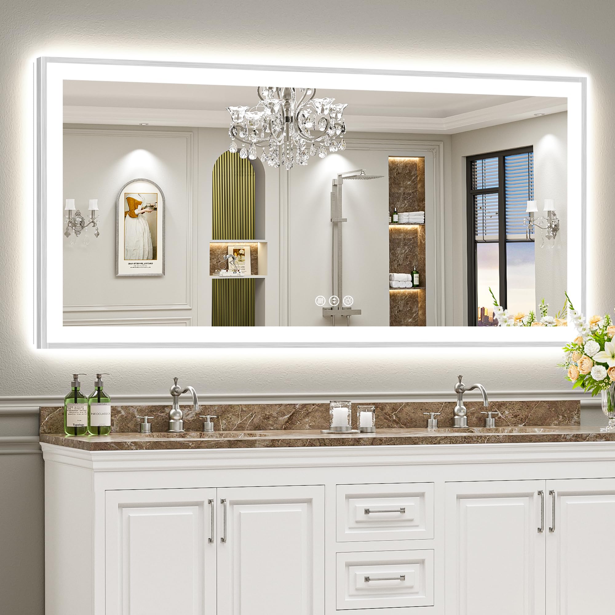 24x32 Black Framed LED Bathroom Mirror with Lights, Backlit and Front Lit Anti-Fog Lighted Vanity Mirrors for Bathroom Wall, Dimmable, 3 Colors, Memory, HD Tempered Glass, Horizontal/Vertical