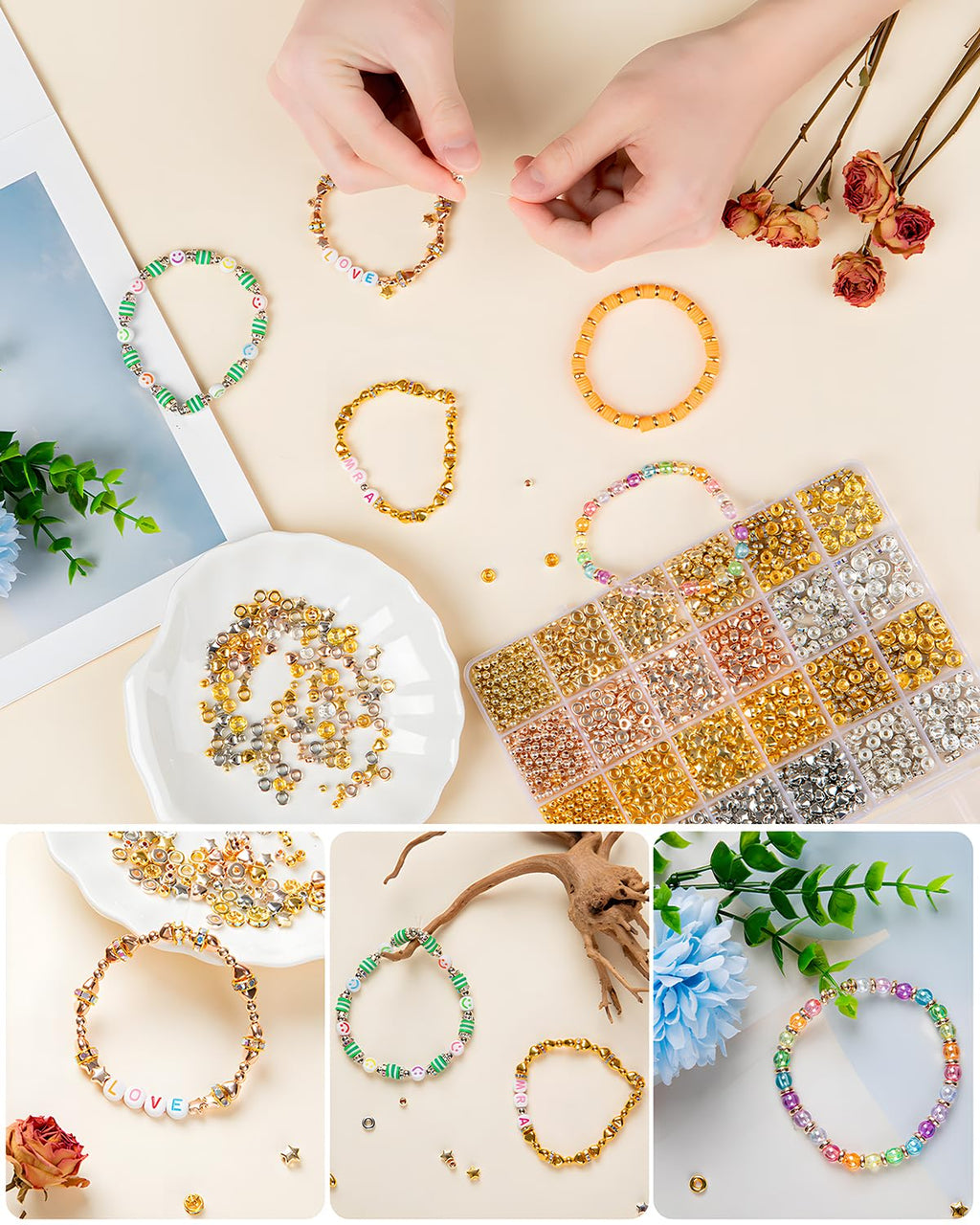 Goldwise Friendship Bracelet Kit - 4 Boxes, 48 Colors Clay & 4mm Seed Beads, Letter Beads, Charms for Jewelry & Bracelet Making for Gifts & Parties