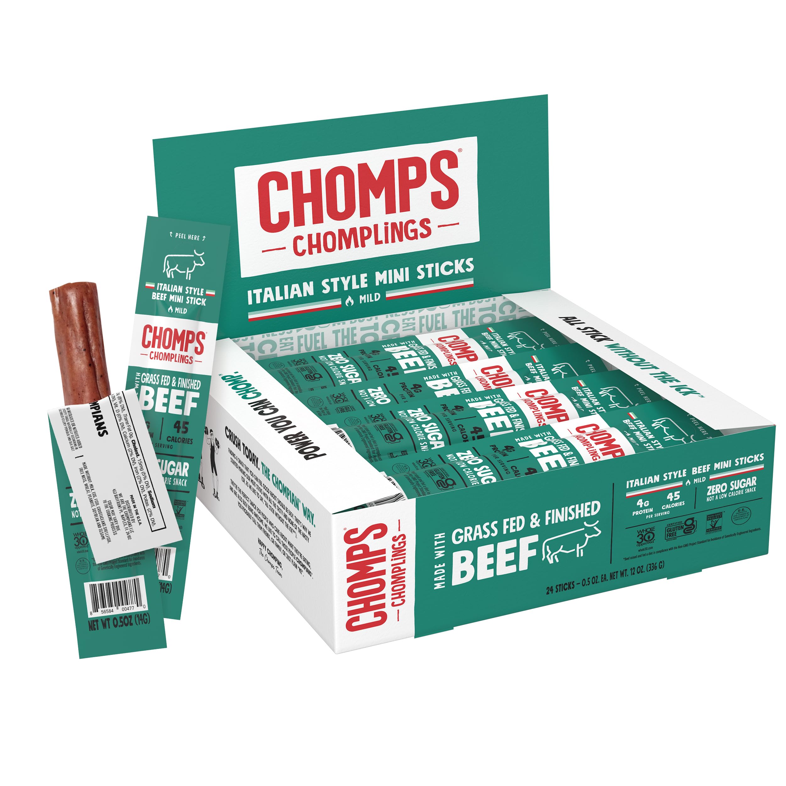 Chomps Snack Size Grass-Fed and Finished Jalapeño Beef Jerky Snack Sticks 0.5oz 24-Pack - Keto, Paleo, Whole30, 4g Lean Meat Protein, Gluten-Free, Zero Sugar Food, Non-GMO Chomplings