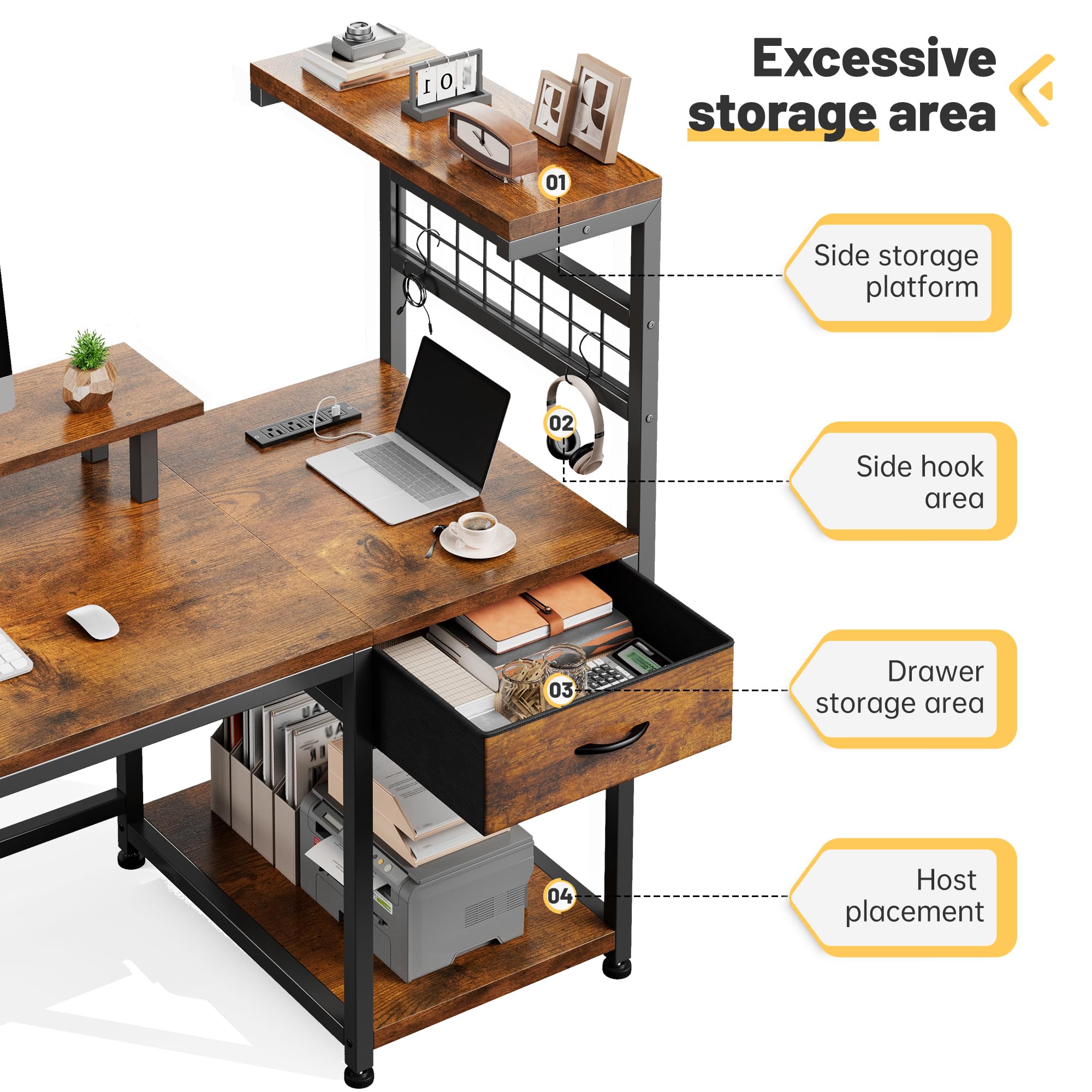 EnHomee 40" Gaming Desk with Power Outlets & LED Lights, Computer Desk with Drawer & Storage Shelve, Home Office Desk with Monitor Stand for Living Room, Study Room, Gaming Room, Black