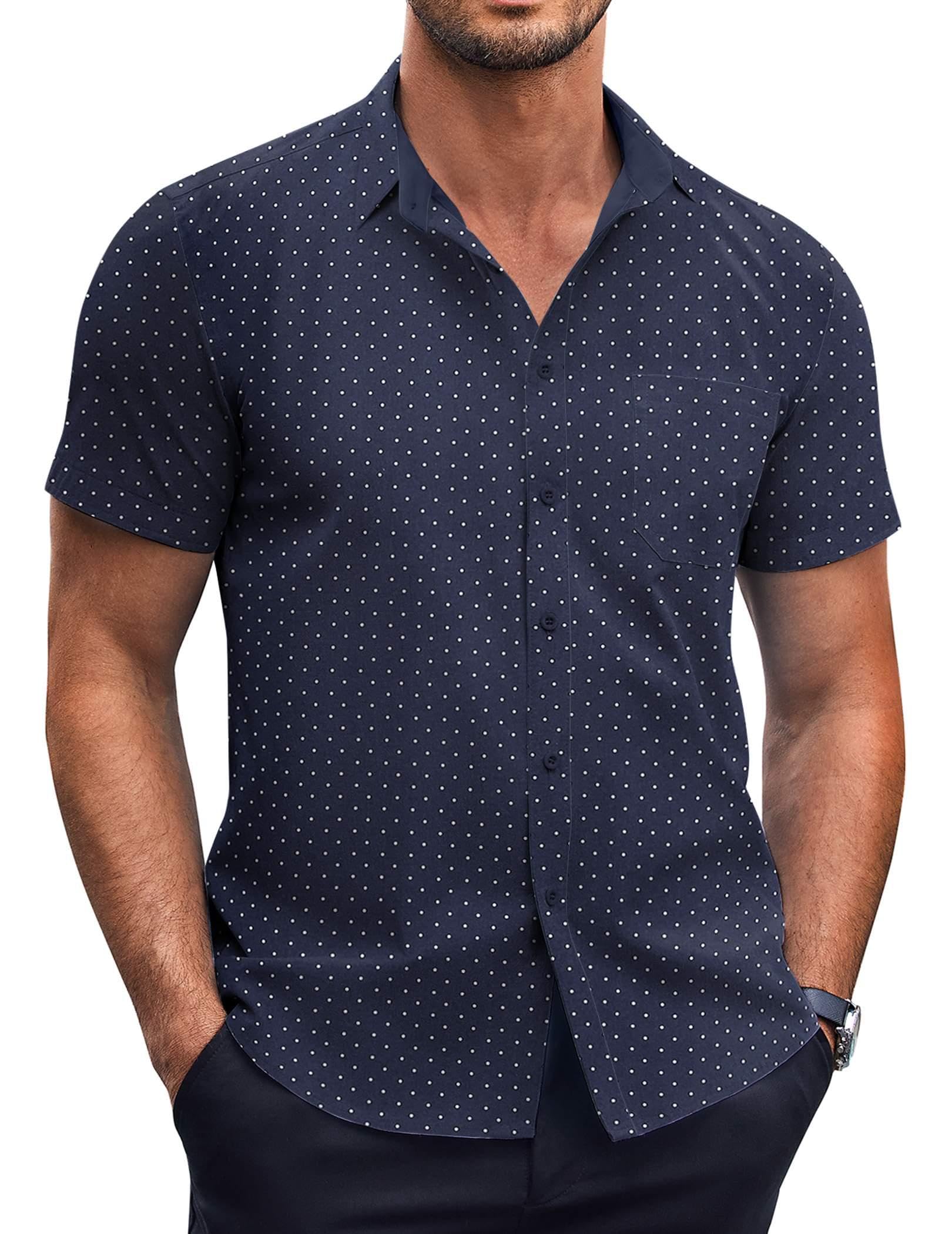 COOFANDY Mens Short Sleeve Button Down Shirts Wrinkle Free Dress Shirts Casual Polka Dot Print Shirt with Pocket