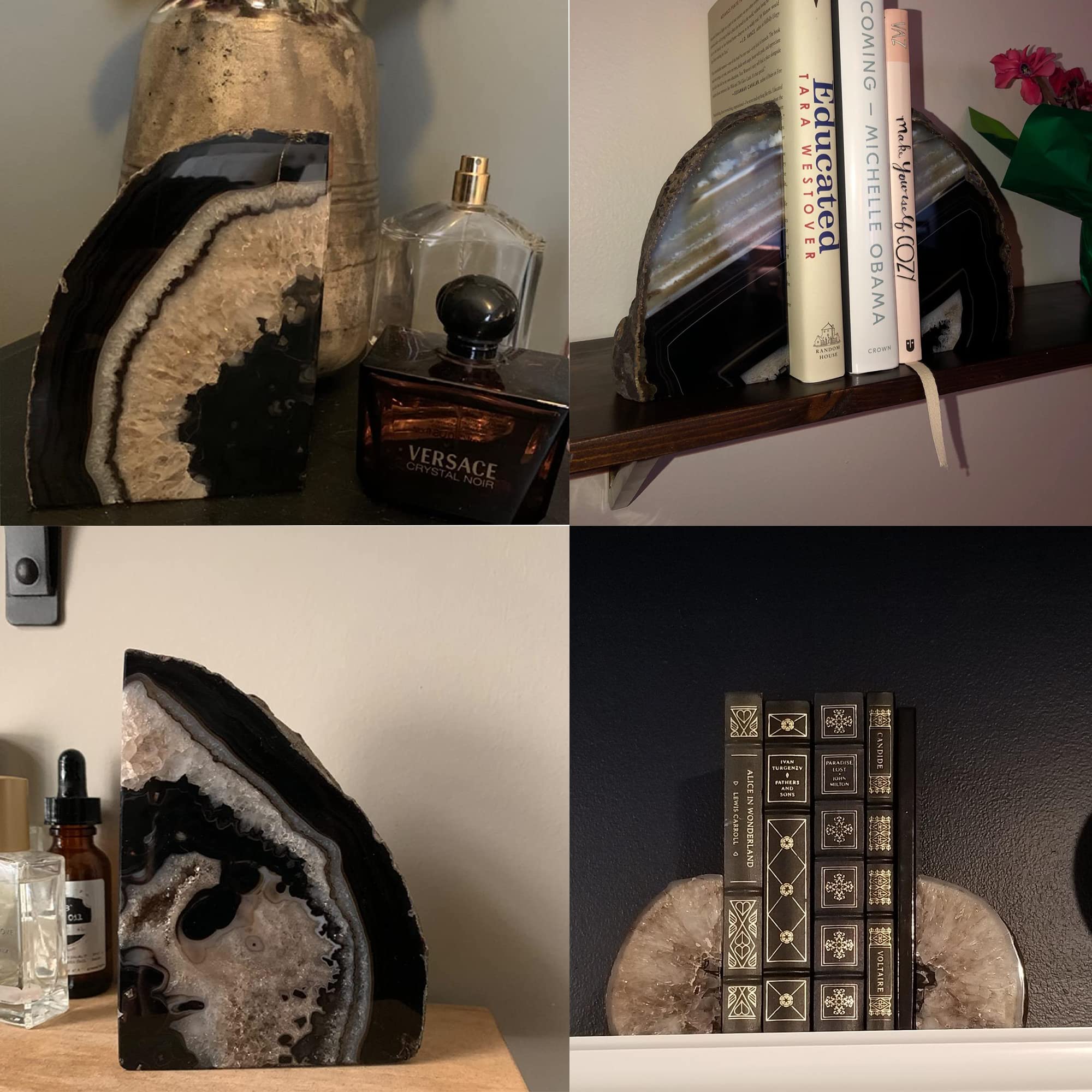 JIC Gem Black Agate Geode Bookends 2-3 Lbs Anti-Slip Rubber Pads Heavy Duty | 1Pair Natural Black Agate Crystal Decor for Shelves & Desk, Unique Small Stone Book Holder Gift for Office & Home Decoration