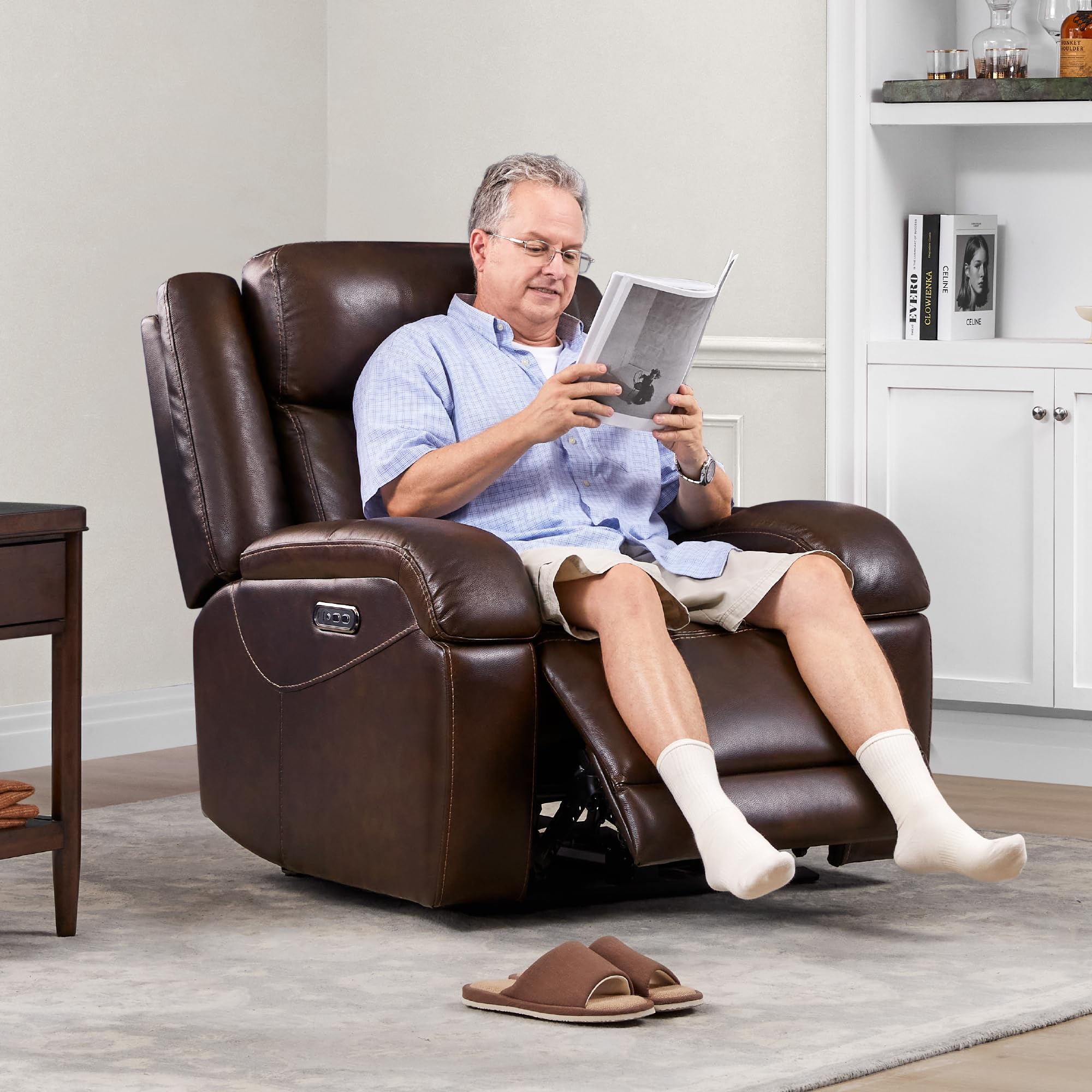 Watson & Whitely Genuine Leather Power Recliner Chairs for Adults, Wall Hugger RV Recliner with Power Headrest & Charging Ports, Electric Recliner Sofa Chair for Living Room, Black
