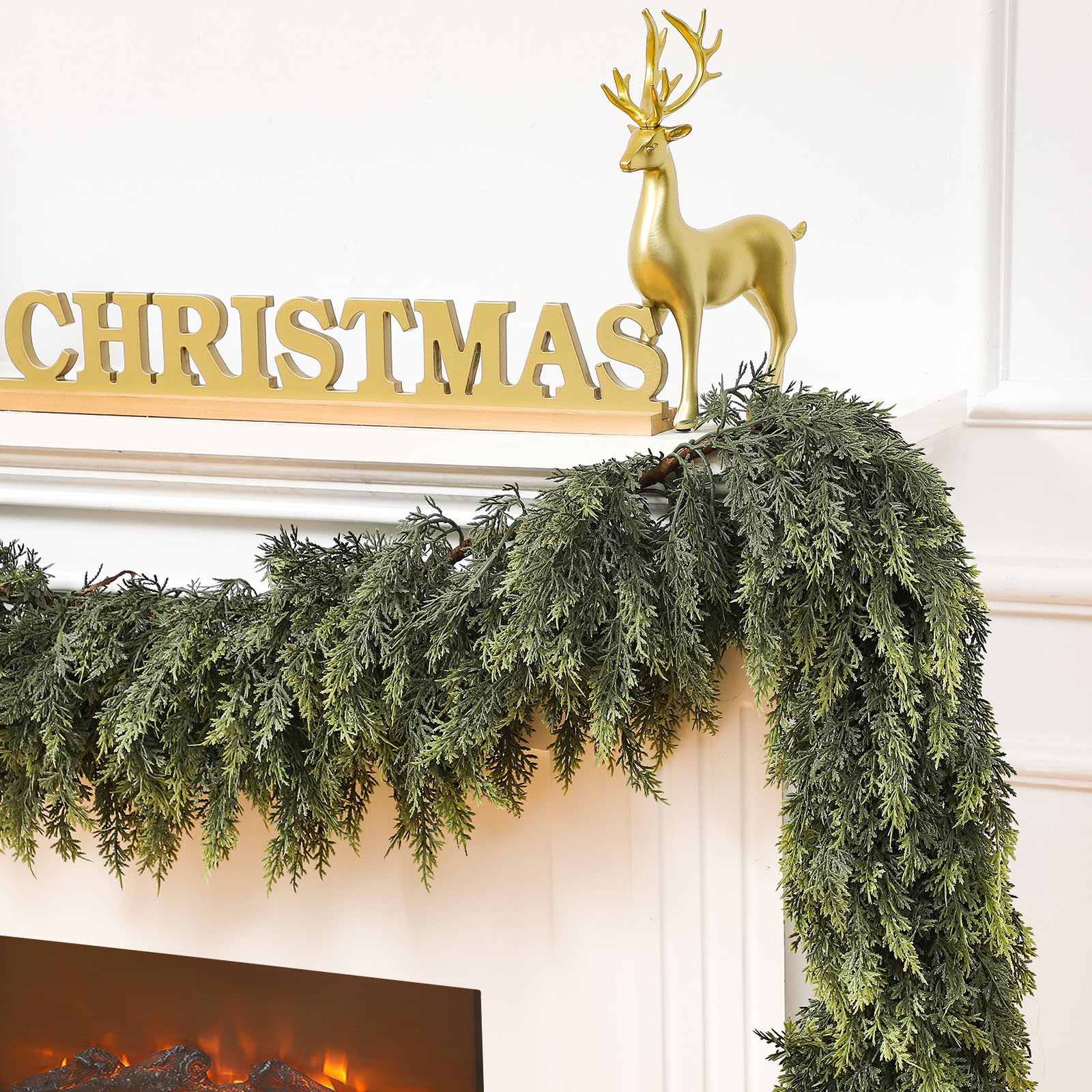 Waydress 1 Pcs 6 Feet Christmas Cedar Garland - Thick & Lush Realistic Artificial Green Faux Cedar Pine Needles Garland for Christmas Winter Home Mantel Fireplace Holiday Party Decor