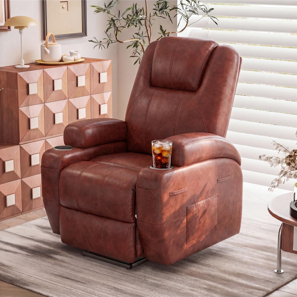 Furmax Electric Power Lift Recliner Chair with Massage for Elderly Corduroy Fabric Recliner Single Sofa with Cup Holders, Side Pockets and Remote Control for Living Room Bedroom (Leathaire, Brown)
