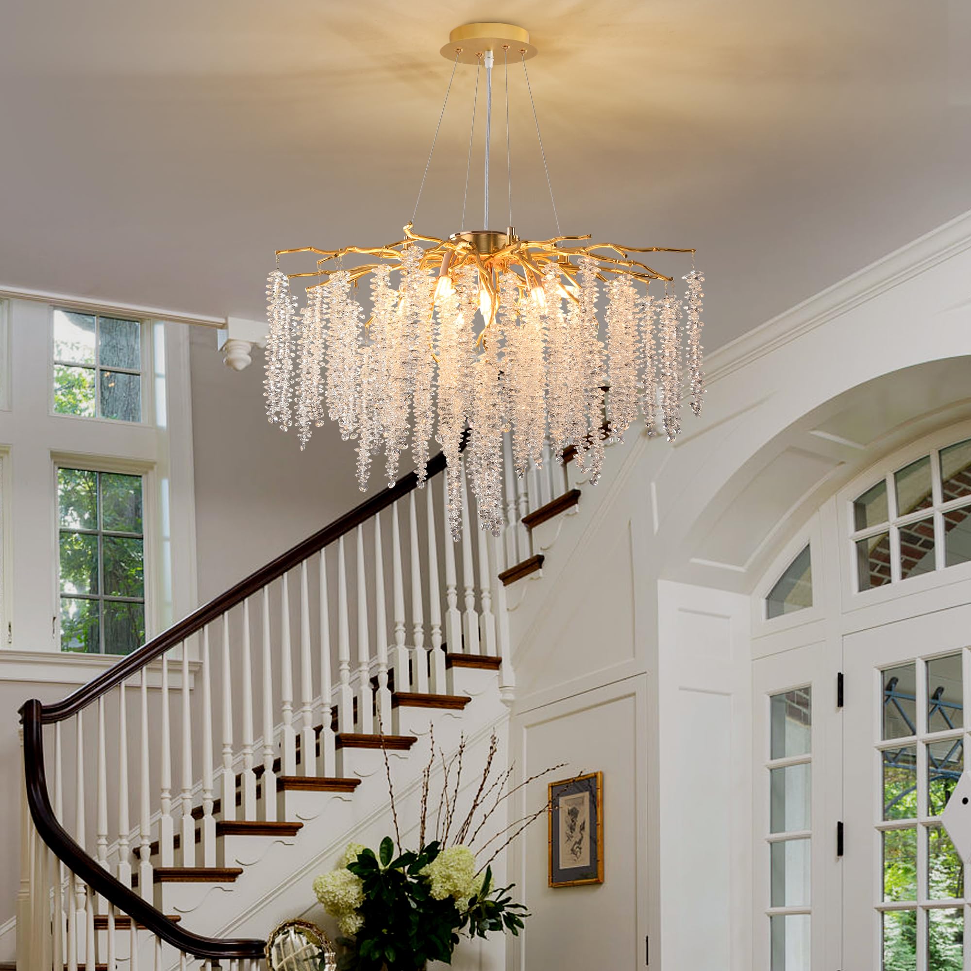 Modern Crystal Raindrop Chandelier, L40'' Black Linear Rectangle Art Deco Tree Branch Lighting Fixture for Kitchen Island Living Room Foyer Staircase 10 Lights