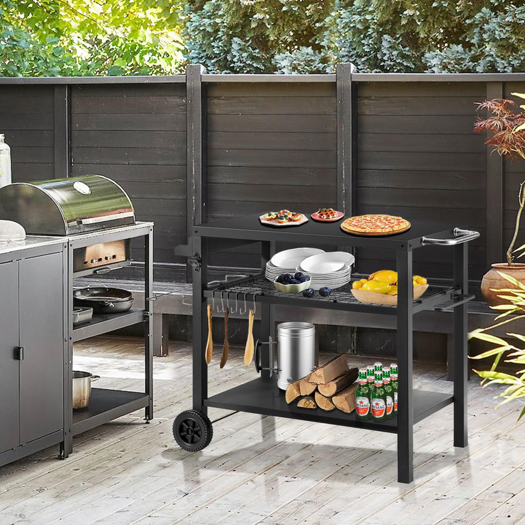 Kendane Grill Cart Table with Big Storage Cabinet, Movable Outdoor Dining Cart Pizza Oven Stand, Kitchen Cart Island Multifunction Food Prep Table Stainless Steel Surface