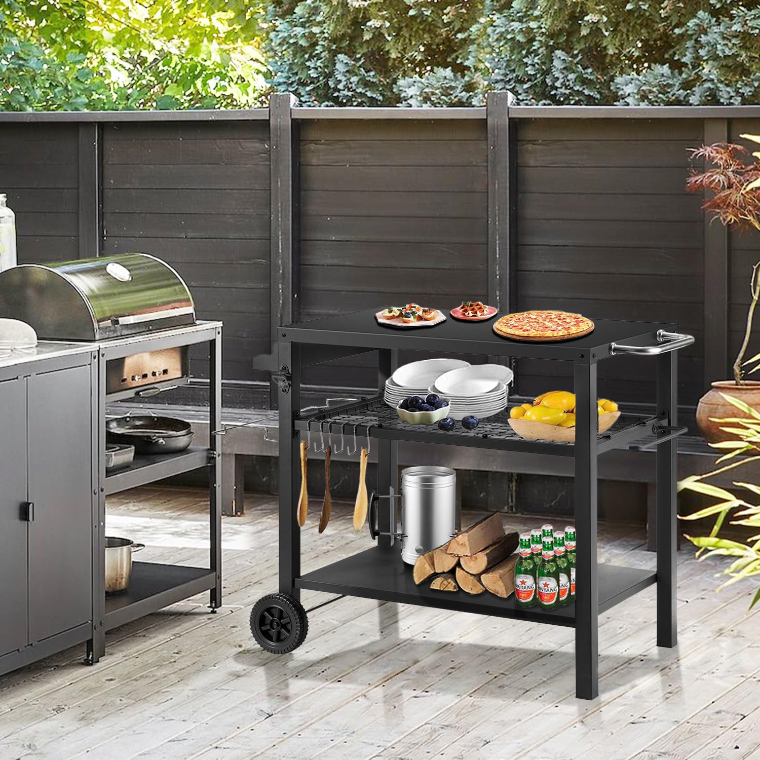 Kendane Grill Cart Table with Big Storage Cabinet, Movable Outdoor Dining Cart Pizza Oven Stand, Kitchen Cart Island Multifunction Food Prep Table Stainless Steel Surface