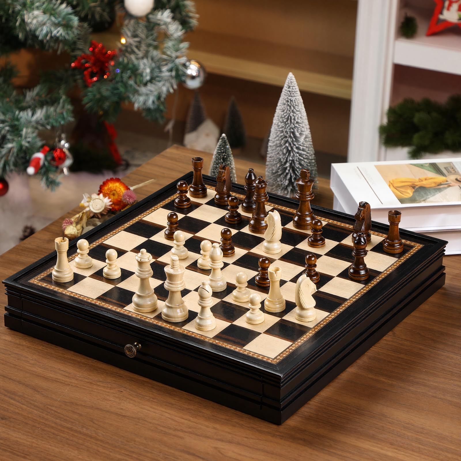 Peradix Magnetic Chess and Checkers Set with 2 Built-in Storage Drawers, Classic 2 in 1 Wooden Board Games, Magnetic Chess Pieces 2 Extra Queens, 12.8" Chess Set for Adults and Kids Gift Package