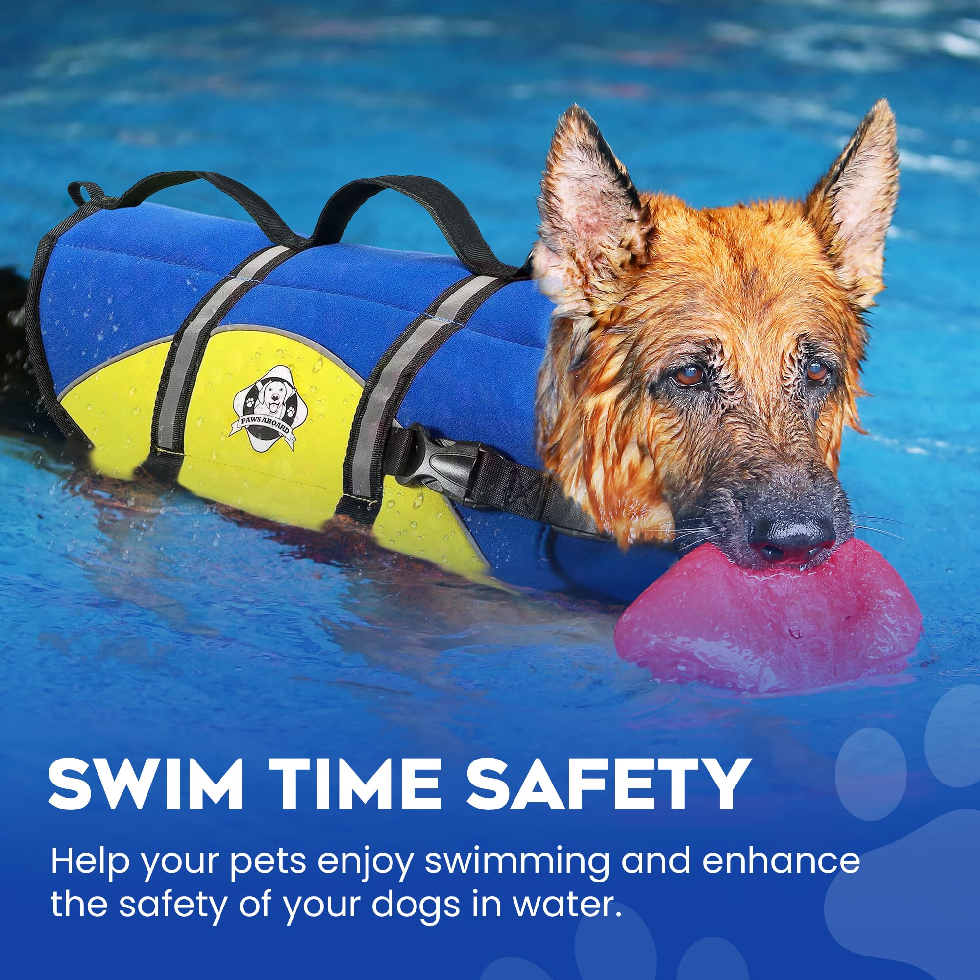 Dog Life Jacket — Premium Swim Vest with SafeChin Anti-Choke Collar | PAWS Aboard Blue & Yellow | RapidLift Rescue Handle, D-Ring, Reflective Trim | Boating, Kayaking, Pool | XX-Small (Under 6 lbs)