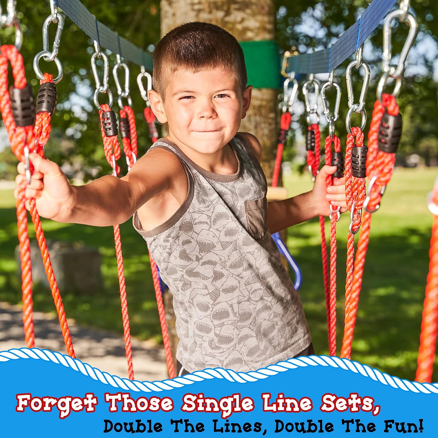 Double Slackline Obstacle Course - 110 Ft Line - Ninja Warrior Course with Monkey Bars for Kids - Patented Double Line Design (110' Ultimate Warrior Set, with Rickety Bridge)