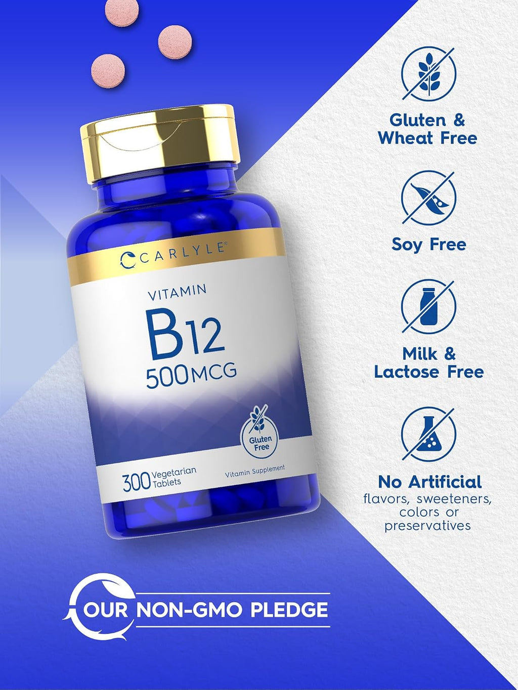 Carlyle Vitamin B-12 500mcg | 300 Tablets | Vegetarian, Non-GMO, Gluten Free Supplement