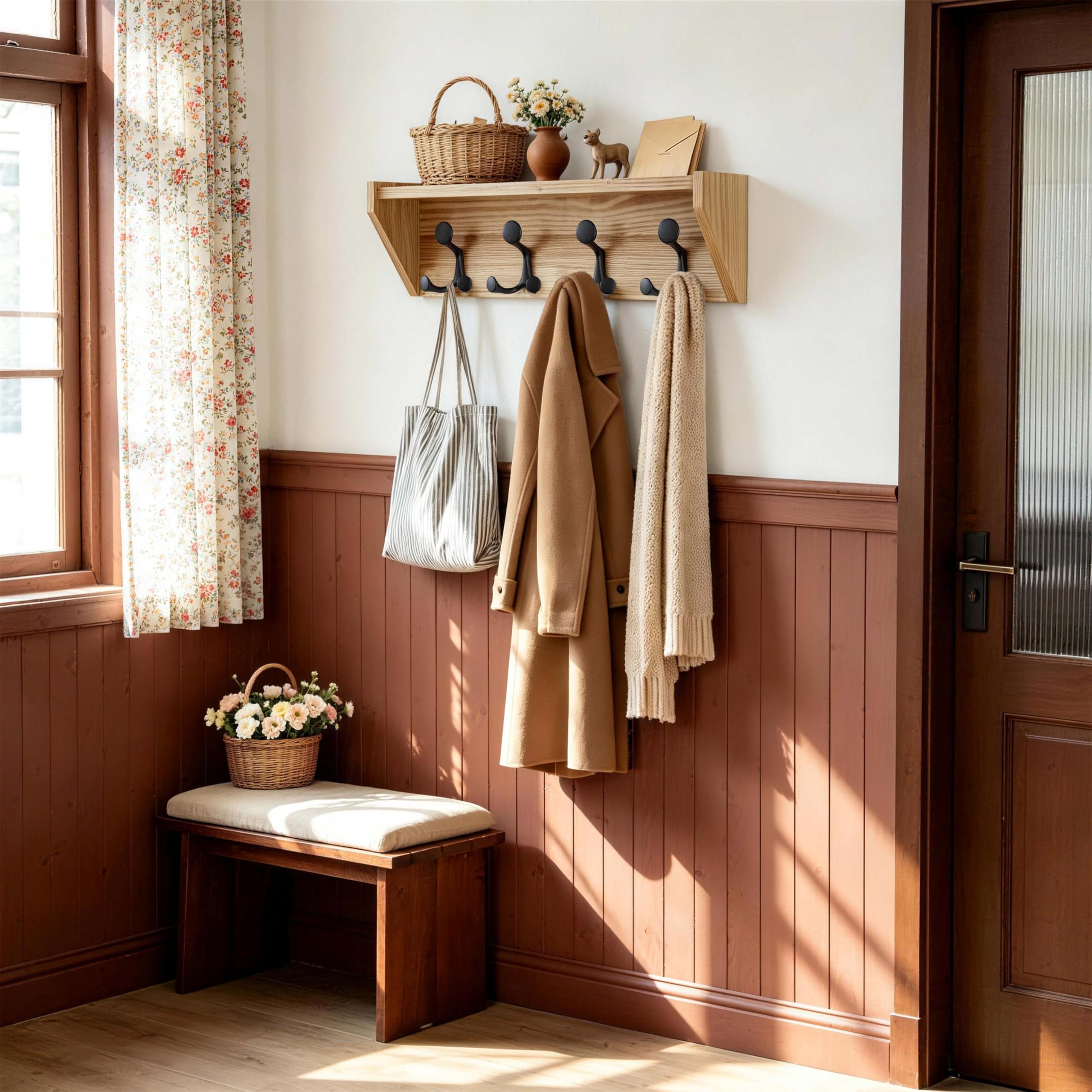 SKOLOO Wall Shelf with Hooks, 24-Inch Cherry Coat Rack Wall Mount with Shelf Organizer - Heavy Duty, 4 Tri Hooks - Perfect for Entryway, Hallway, Living Room, Bedroom, Mudroom
