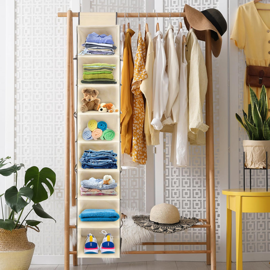 Large-Sized Hanging Shoe Organizer 8-Shelf, Hanging Closet Organizer with 8 Side Pockets, Wider Hanging Shelves for Storage Shoes Clothes 9" W × 11.8" D× 48" H, Beige.
