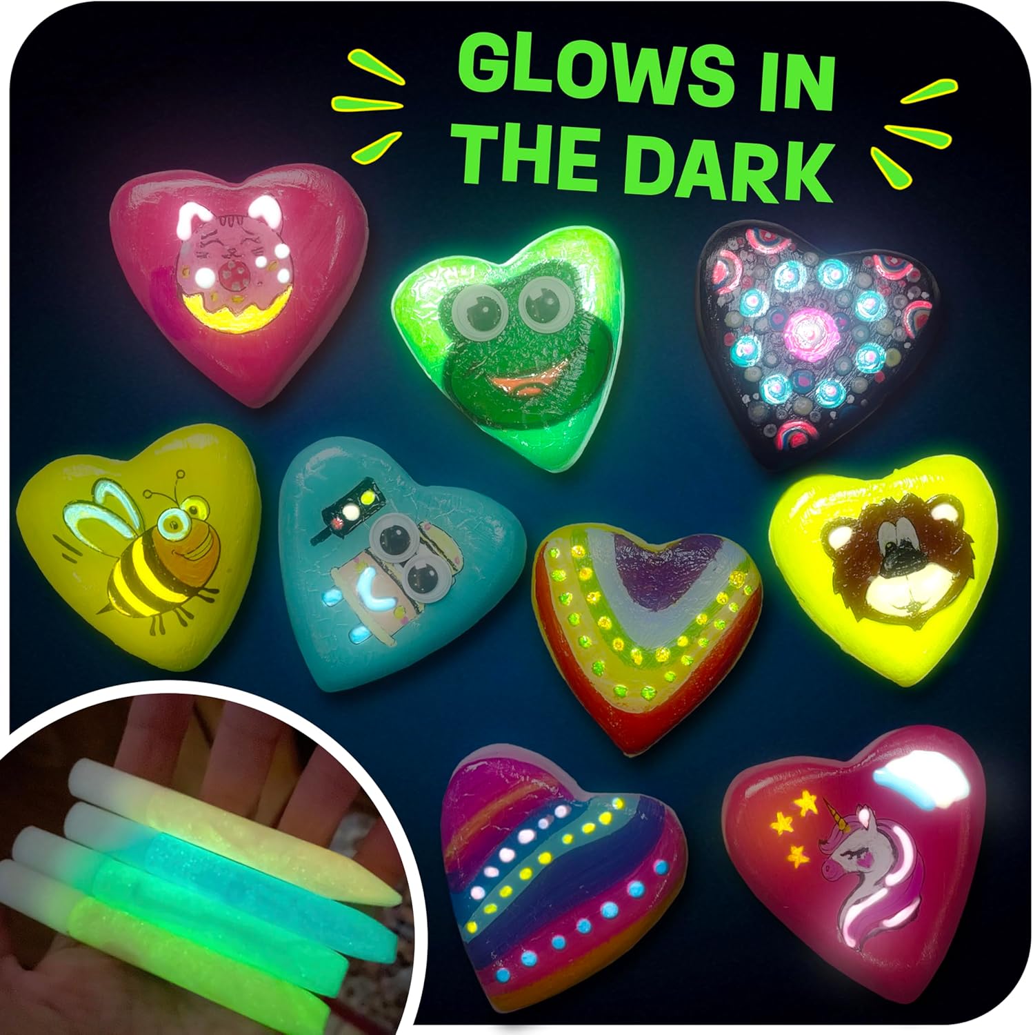 Hearts Rock Painting Kit for Kids Girls - Glow in Dark Art Supplies Ages 4-12 - Complete STEM Craft Set with Puffy Paint Stickers Gems Paints - Educational Birthday Easter Gifts Art Toys for Girl