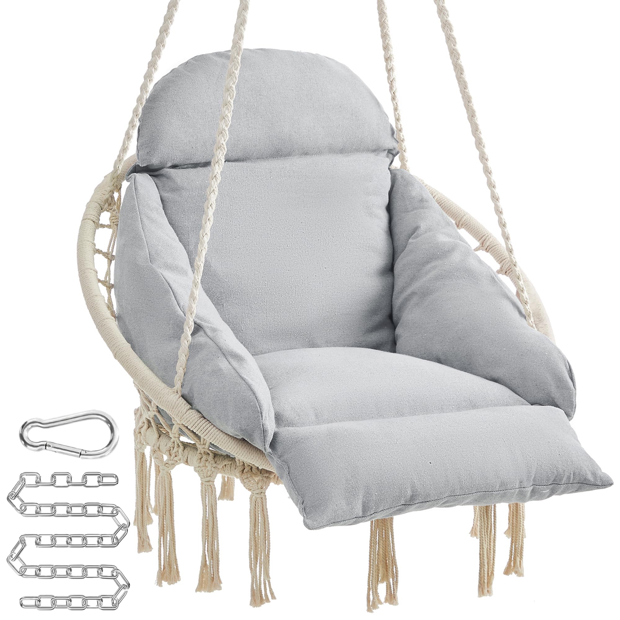 SONGMICS Hanging Chair, Hammock Chair with Large, Thick Cushion, Boho Swing Chair for Bedroom, Patio, Balcony, Garden, Holds up to 264 lb, Accessories Included, Cream White UGDC042M01