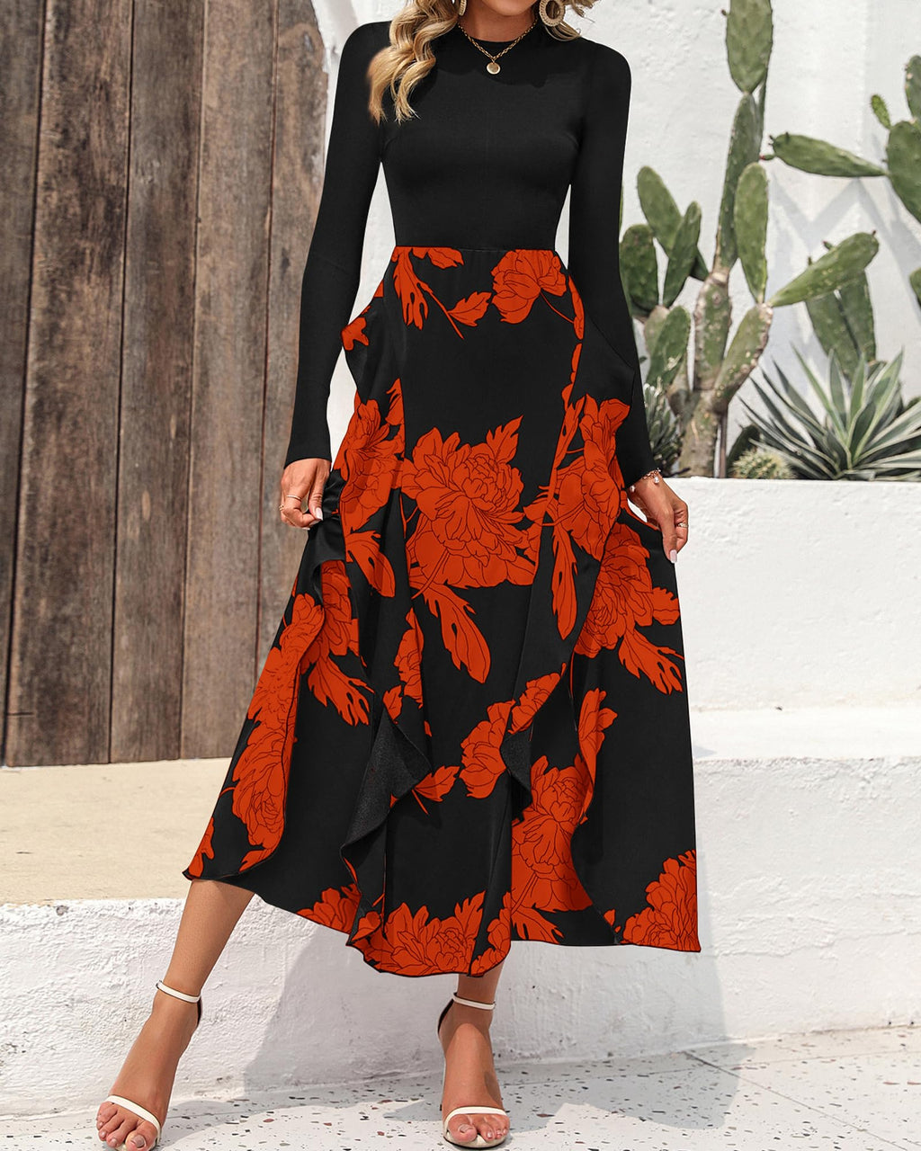 BTFBM Womens Floral Maxi Dress Fall 2025 Casual Crewneck Long Sleeve Ruffle Flowy Cocktail Wedding Guest Dresses