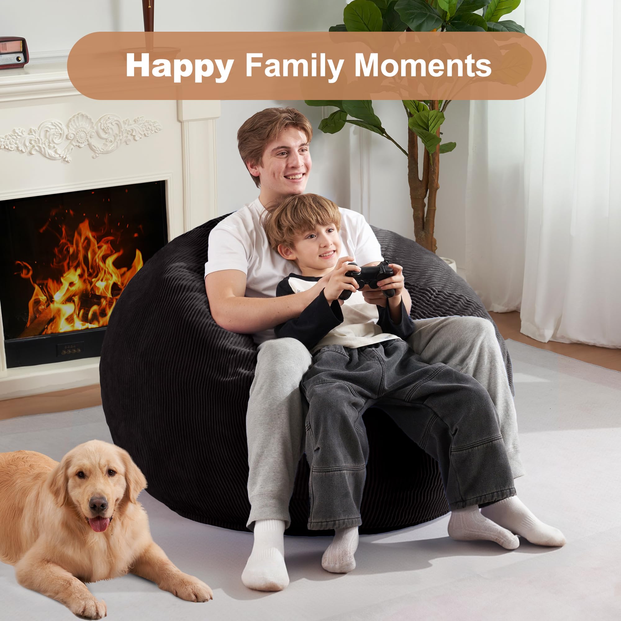Homguava Bean Bag Chair,Teardrop Bean Bags Small Beanbag Chair with Memory Foam Filled and Ultra Soft Corduroy Cover for Living Room, Bedroom (Black 2FT)