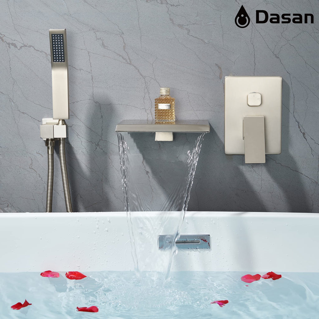 Upgraded Wall Mount Tub Filler Faucet with Handheld Shower, DASAN Modern Wall Mounted Bathtub Faucet Brushed Gold High Flow Waterfall Tub Faucet with Rough in Valve, SA-TF04WH-BG