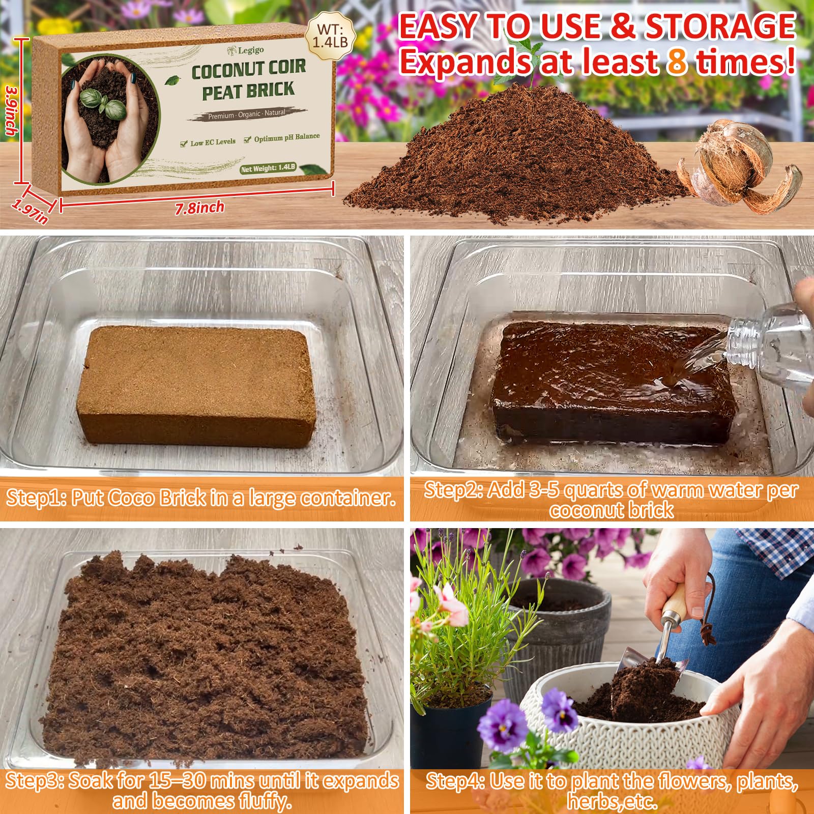 Legigo 2 Pack Premium Coco Coir Brick for Plants- 100% Organic Compressed Coconut Coir Bricks Starting Mix, Coco Coir Fiber Coconut Husk for Planting, Gardening, Potting Soil Substrate, Herbs