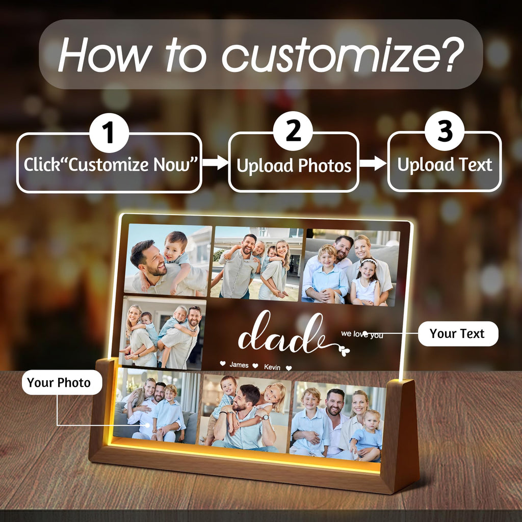Personalized Fathers Day Birthday Gifts For Daddy Dad From Daughter Son Wife, Custom Acrylic Plaque Light Up Picture Frame, Customized Dad Gifts For Husband Men Papa Fathers Day Christmas