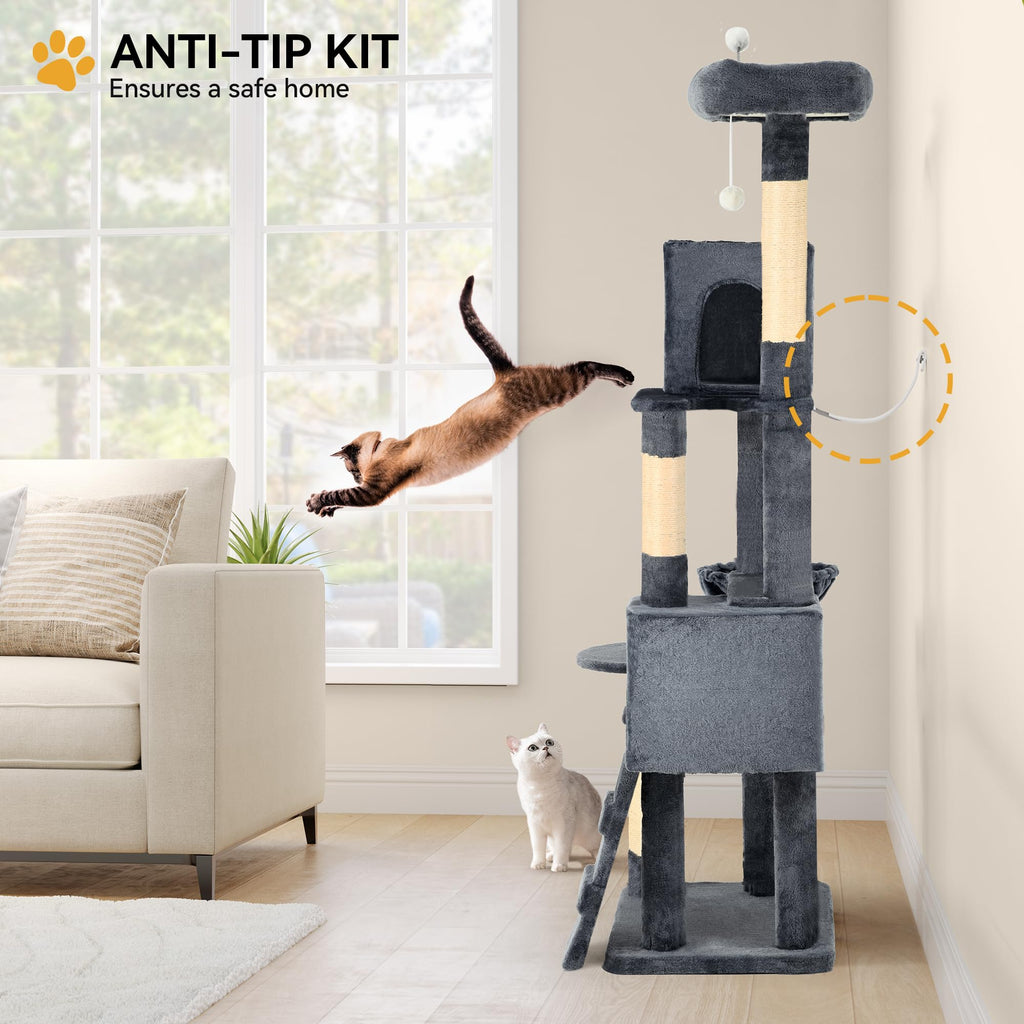 YITAHOME 44in Multi-Level Cat Tree for Indoor Kittens, Cat Furniture with Scratch Posts, Window Padded Plush Perch, Comfortable Hammock, and Interactive Pompoms, Beige