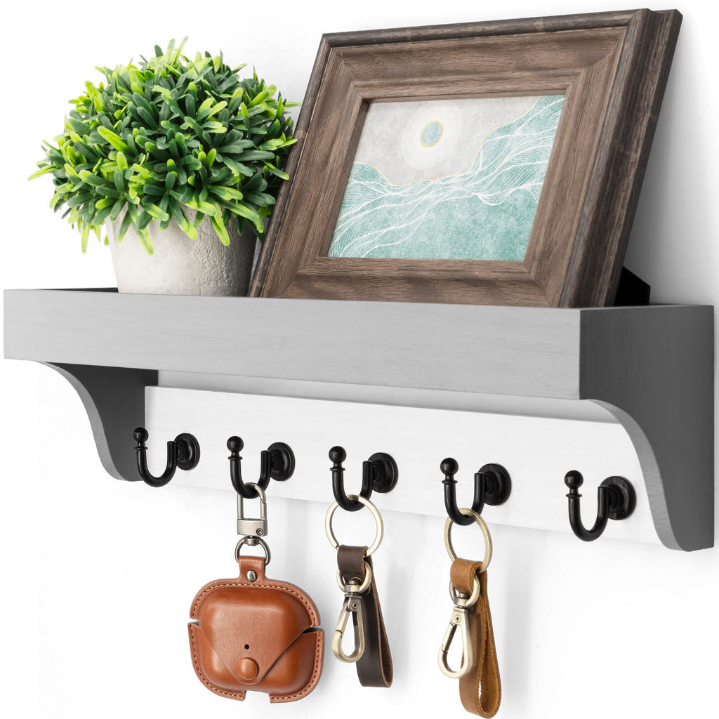 Rebee Vision Acacia Wood Farmhouse Key Holder Wall Mount for Room Decor – Retro Key Holder for Wall with Shelf for Cute Things– Stylish Home Storage for Apartment Essentials (Acacia Wood)