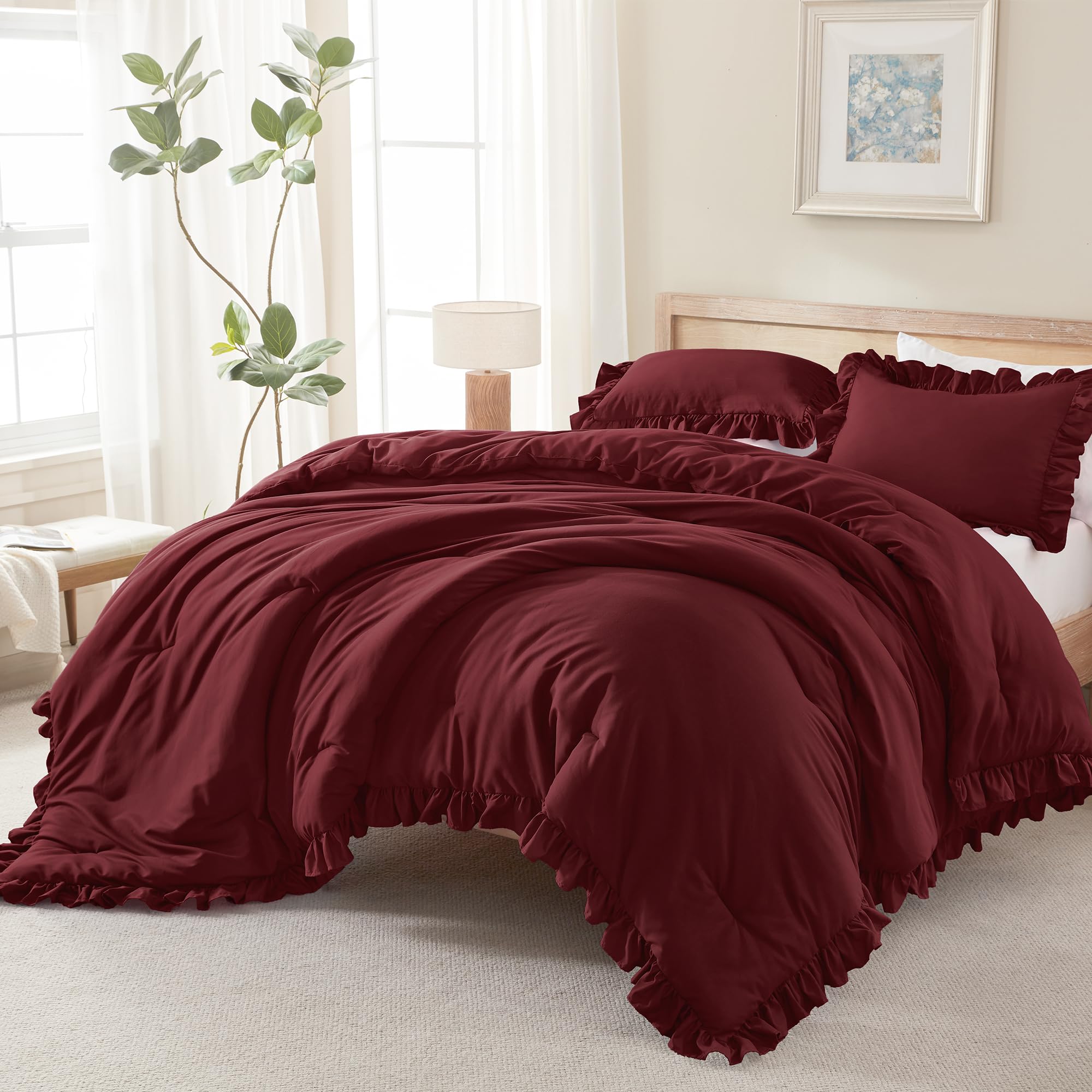 Andency Beige Twin Size Ruffle Comforter, 2 Pieces Farmhouse Shabby Classic Bed Set for Kids, Lighteweight Soft Polyester Bedding Set for Girls(1 Ruffle Comforter and 1 Pillowcase)