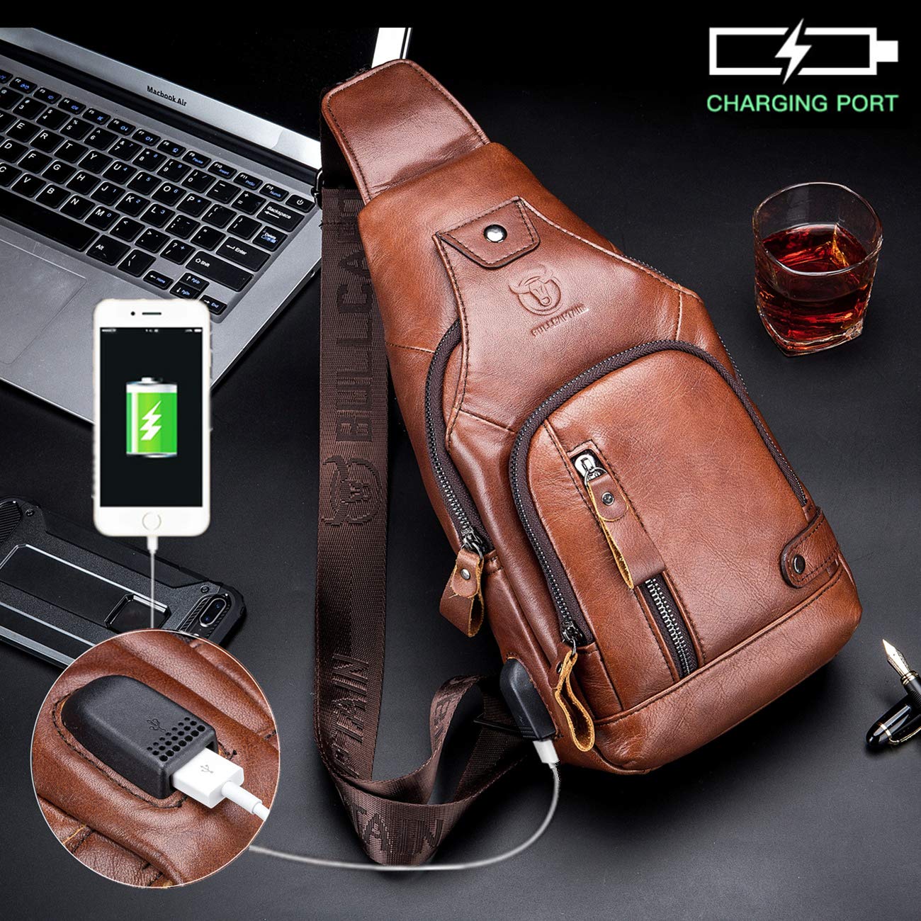 BULLCAPTAIN Genuine Leather Sling Bag for Men XB-129 | USB Charging Port, Multi-pocket, Chest Bag, Hiking Travel Daypack