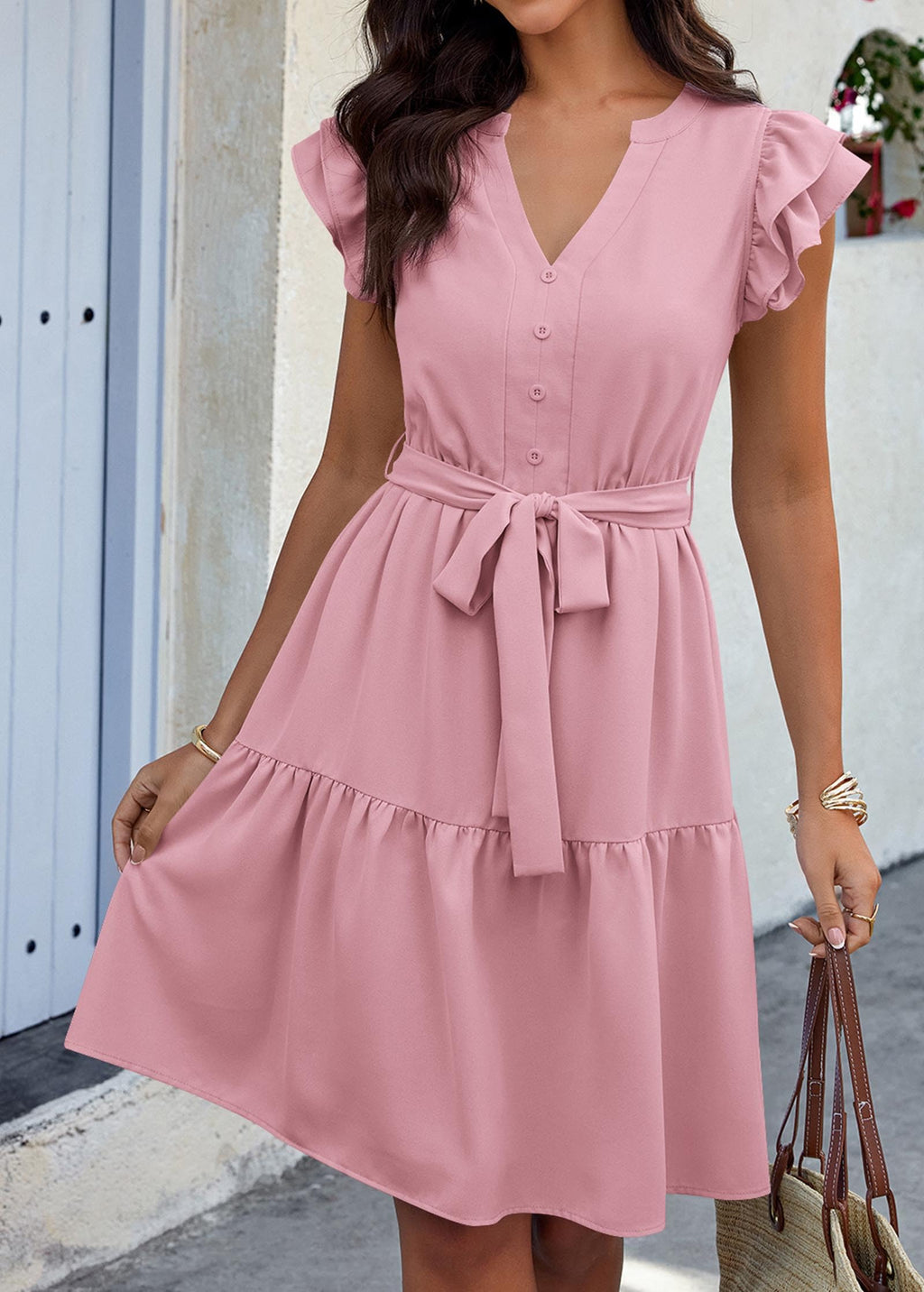 KIRUNDO Summer Dresses for Women 2026 Spring Flutter Sleeve V Neck Ruffle Flowy Tiered Knee Length Beach Vacation Sundress