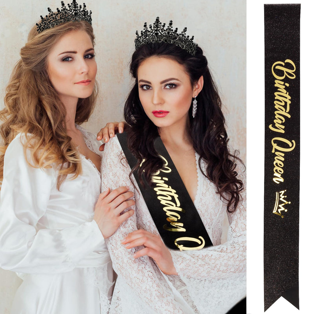 VELSCRUN AB Silver Crystal Birthday Queen Tiara Crowns for Women Girls Birthday Queen Headband Sash Elegant Princess Crown with Combs Hair Accessories Happy Birth Party Decorations Mom Gift