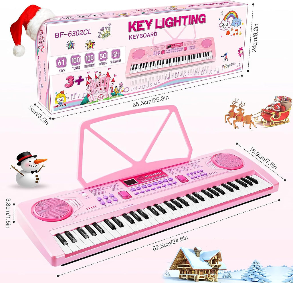 WOSTOO 61 Key Piano Keyboard for Kids, Portable 24.6-Inch Electronic Digital Piano with Follow Teaching Mode, Music Stand, Microphone & Recording, Educational Musical Instrument for Beginners, Pink