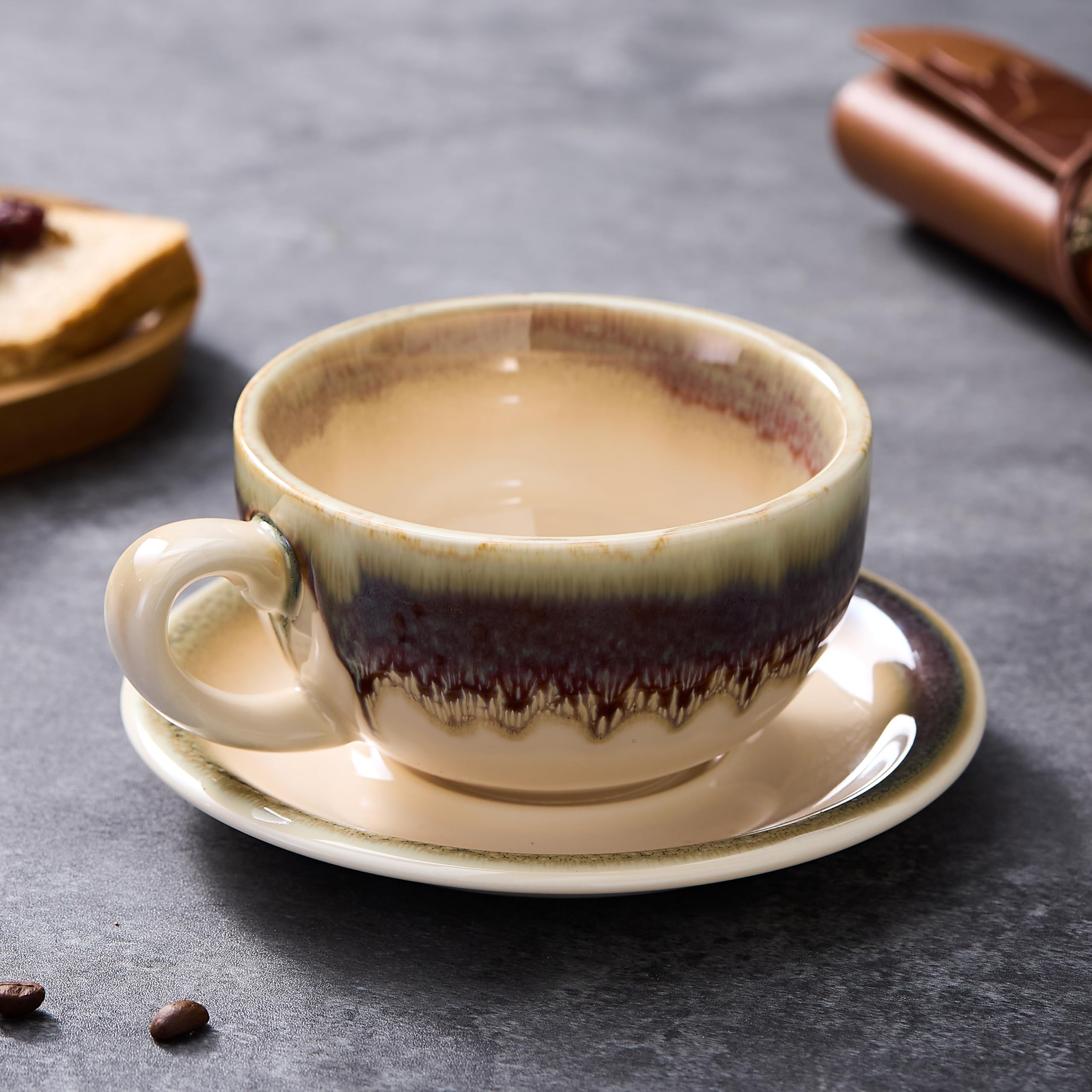 Coffeezone Vintage Design 12 oz Ceramic Latte Art Cappuccino Barista Cup with Saucer (Beige)