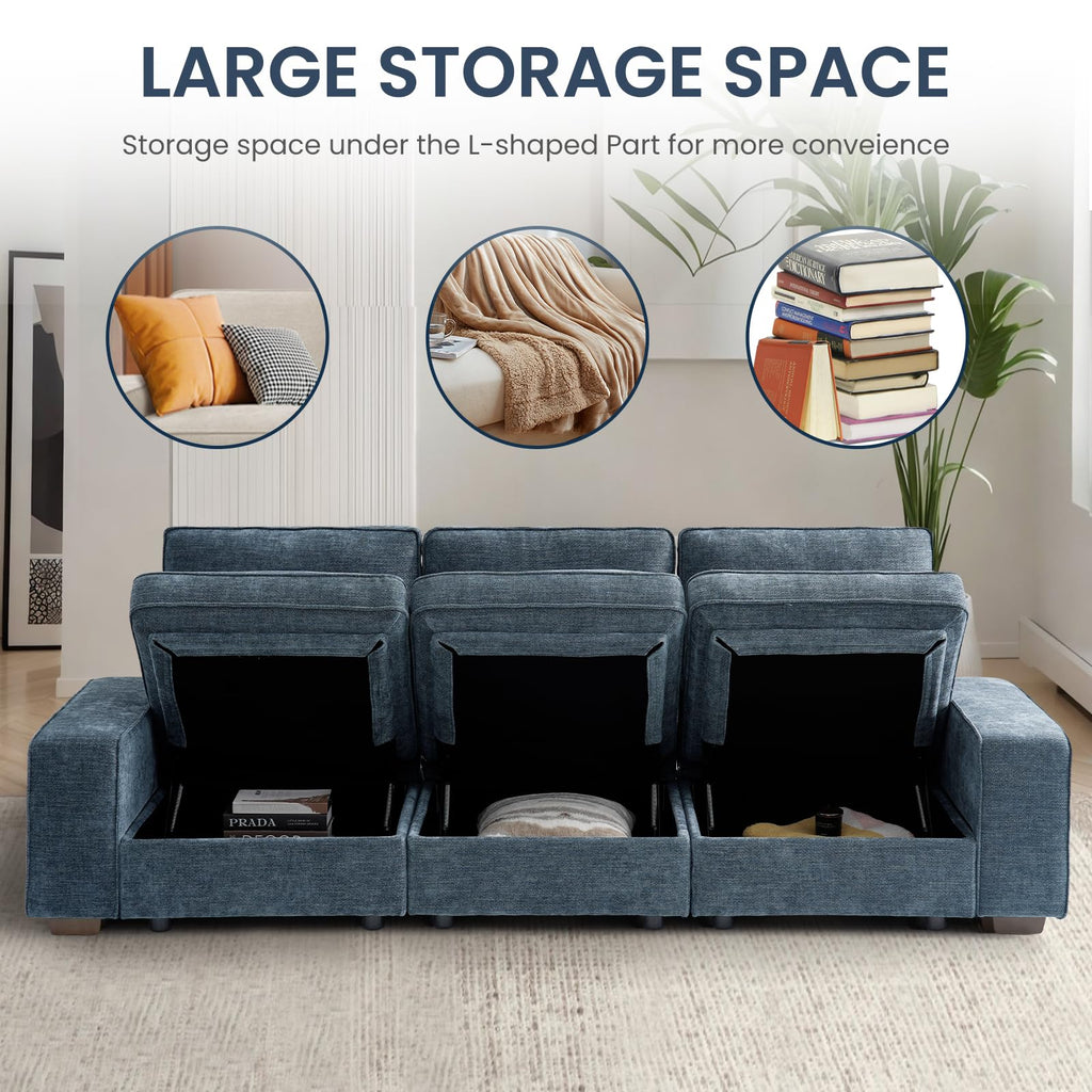TEKAMON 100" Modular Sectional Sofa with Seats Storage, L Shaped Couch with Movable Ottoman for Living Room, Couch with Chaise, Solid Wood Frame, Spring Cushions, USB Port, Removable Covers, Beige