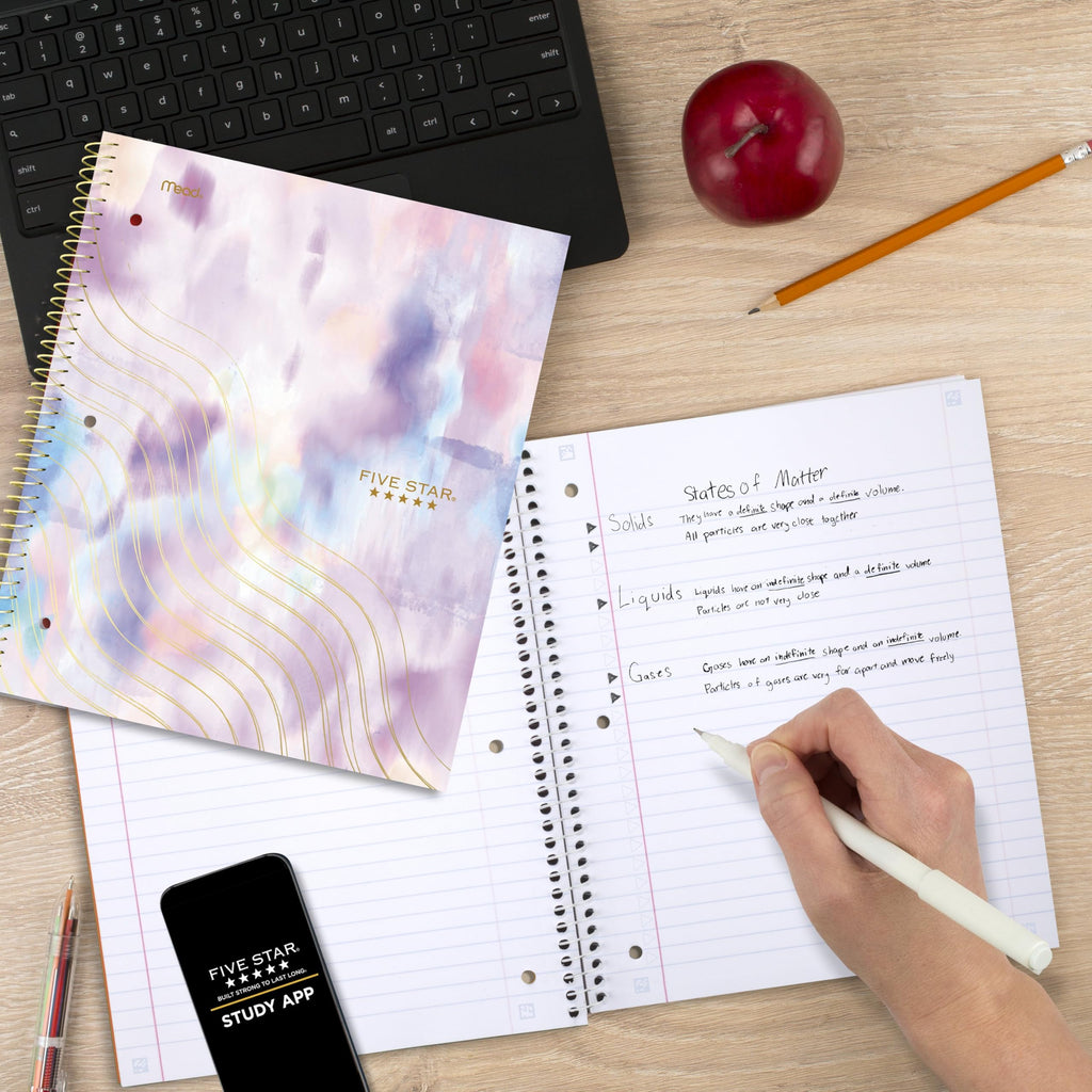 Five Star Spiral Notebook + Study App, 2 Pack, 1 Subject, Wide Ruled, 8" x 10-1/2", 80 Sheets, Fights Ink Bleed, Water Resistant Cover, Pastel Waves and Brush Strokes (930210F-ECM)