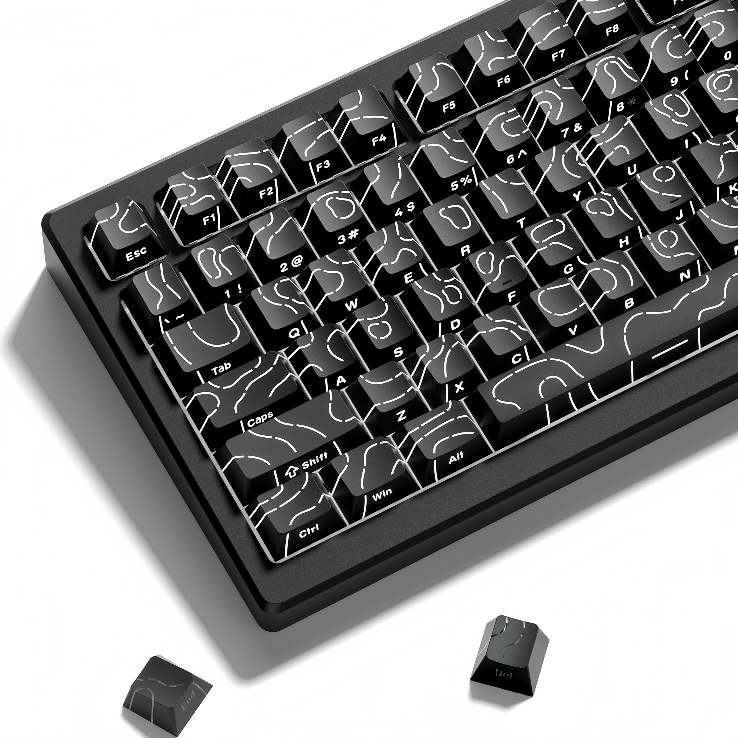 dagaladoo Black Topographic keycaps Double Shot PBT keycaps Shine Through Keyboard Keys Side Printed Key caps Cherry Profile Custom keycap Set for100%, 75%, 65%, 60% US Layout Mechanical Keyboard