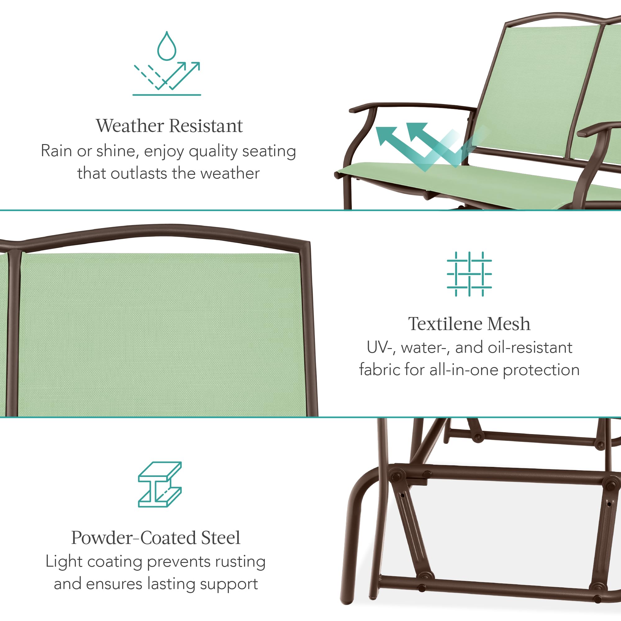 Best Choice Products 2-Person Outdoor Patio Swing Glider Steel Bench Loveseat Rocker for Deck, Porch w/Textilene Fabric, Steel Frame - Black