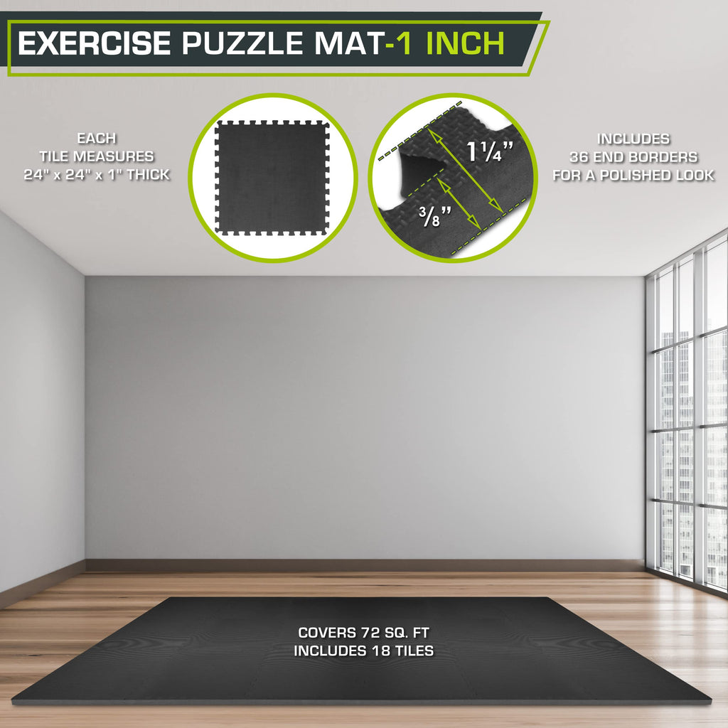 ProsourceFit Weaved Pattern Extra Thick Exercise Puzzle Mat 1-inch, EVA Foam Interlocking Tiles for Protective, Cushioned Flooring for Home and Gym Equipment; Black, 72 SQ FT, 18 Tiles