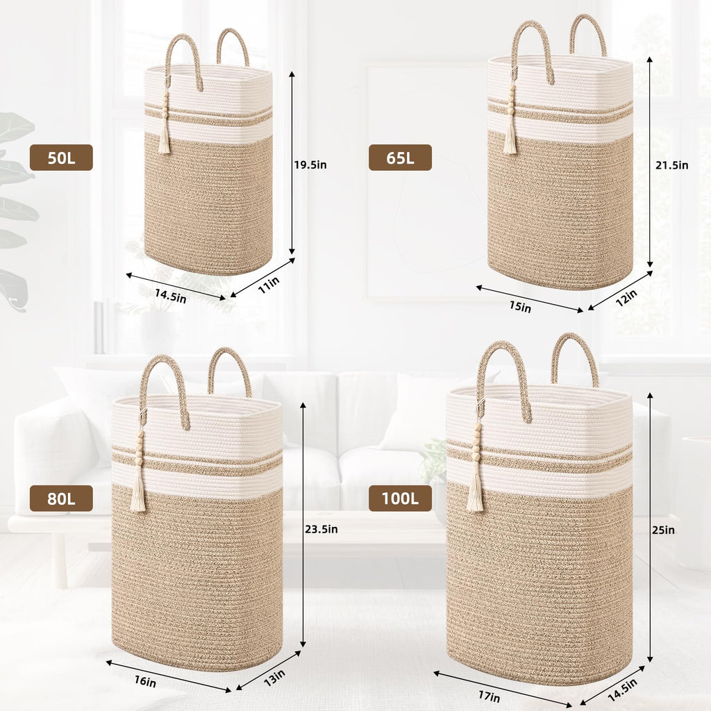 Woven Laundry Basket for Clothes, 50L Large Rectangle Laundry Hampers with Beads Tassel, Nursery Storage Basket for Toys, Tall Dirty Clothes Hamper for Bedroom Aesthetic, Laundry Room Organization