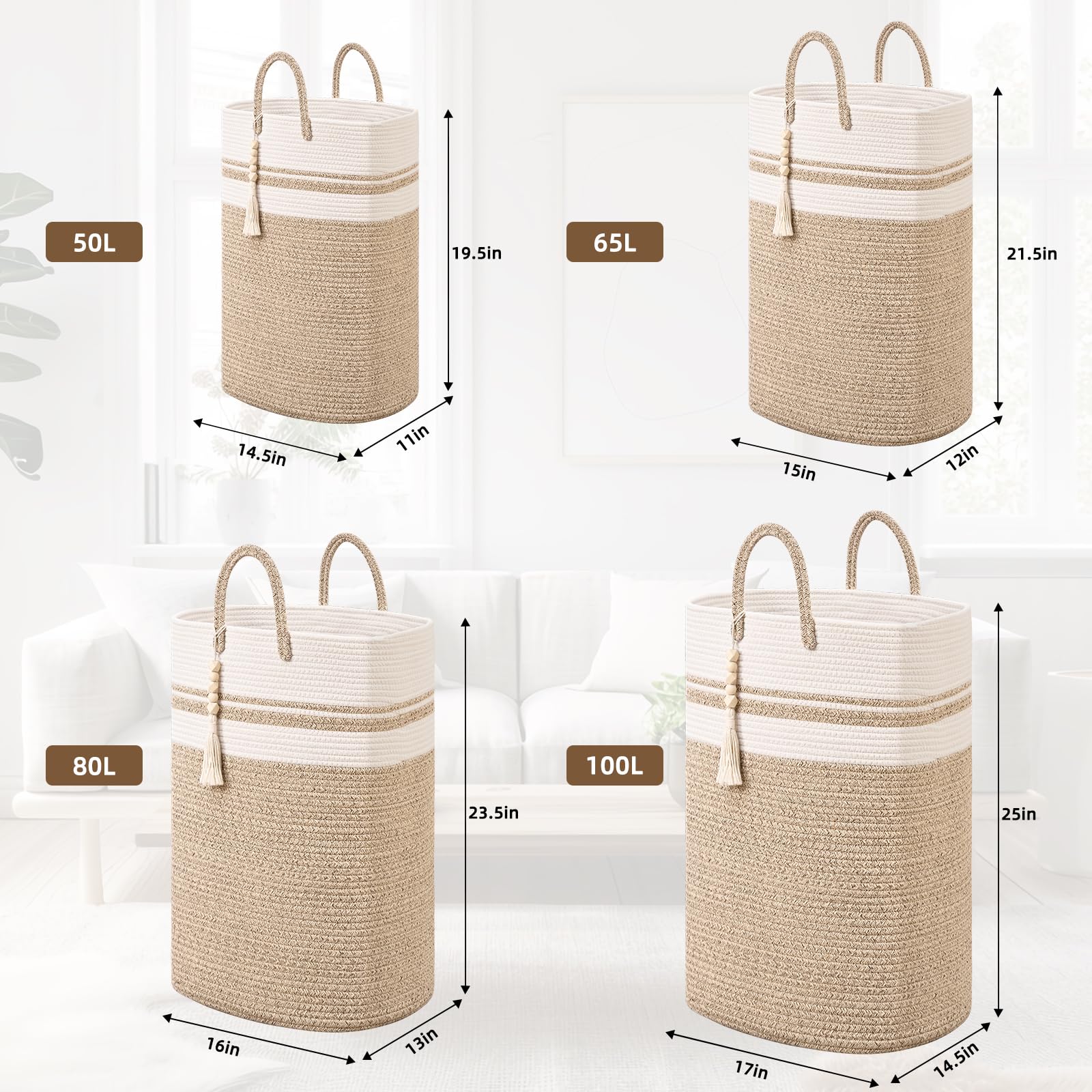 Woven Laundry Basket for Clothes, 50L Large Rectangle Laundry Hampers with Beads Tassel, Nursery Storage Basket for Toys, Tall Dirty Clothes Hamper for Bedroom Aesthetic, Laundry Room Organization