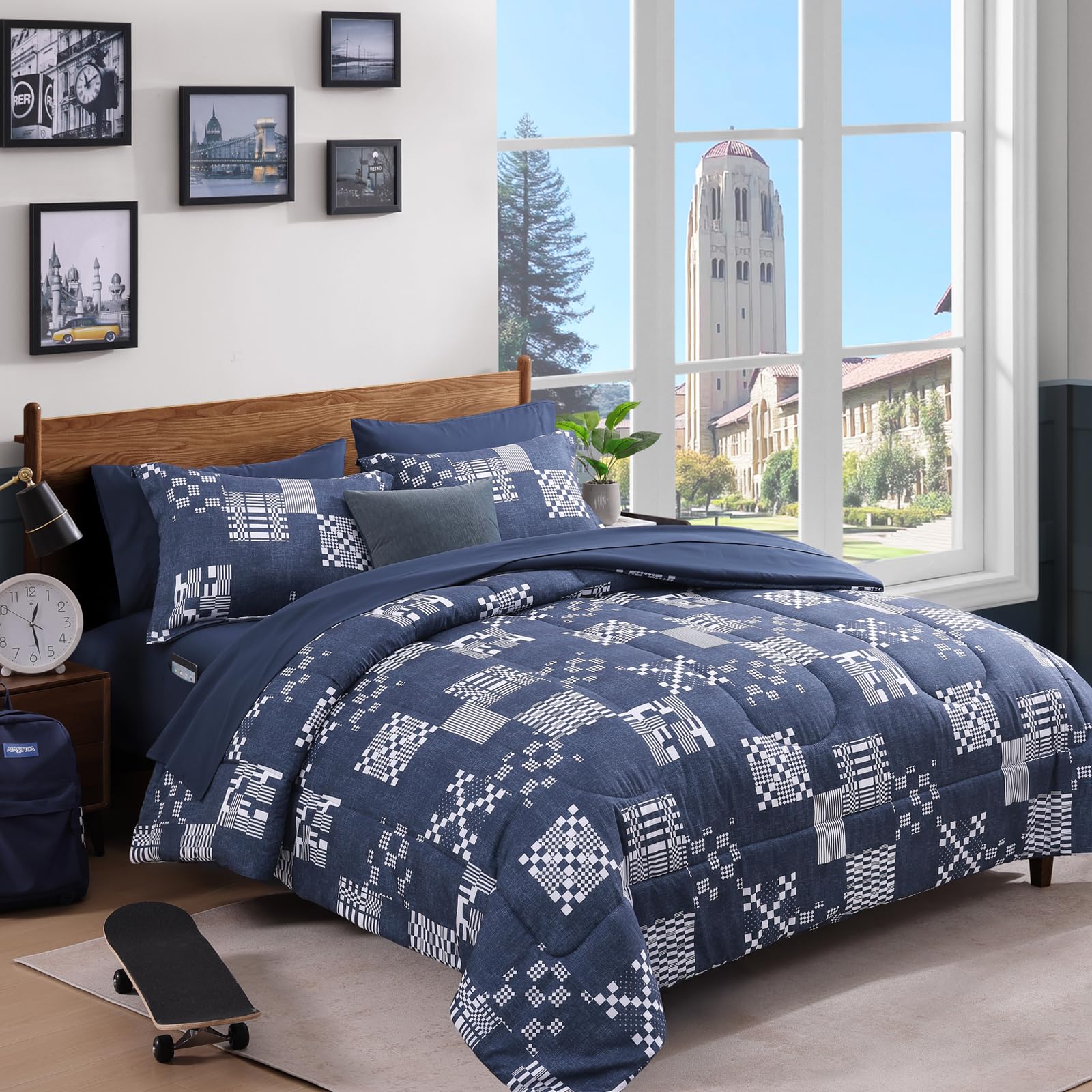 AMBERSPACE Plaid Twin XL Comforter Set Black, Reversible Checkered Bedding Set 5 Pieces for Boys Girls Teen, Lightweight Bed in a Bag for Dorm with Sheets, Pillowcase & Sham