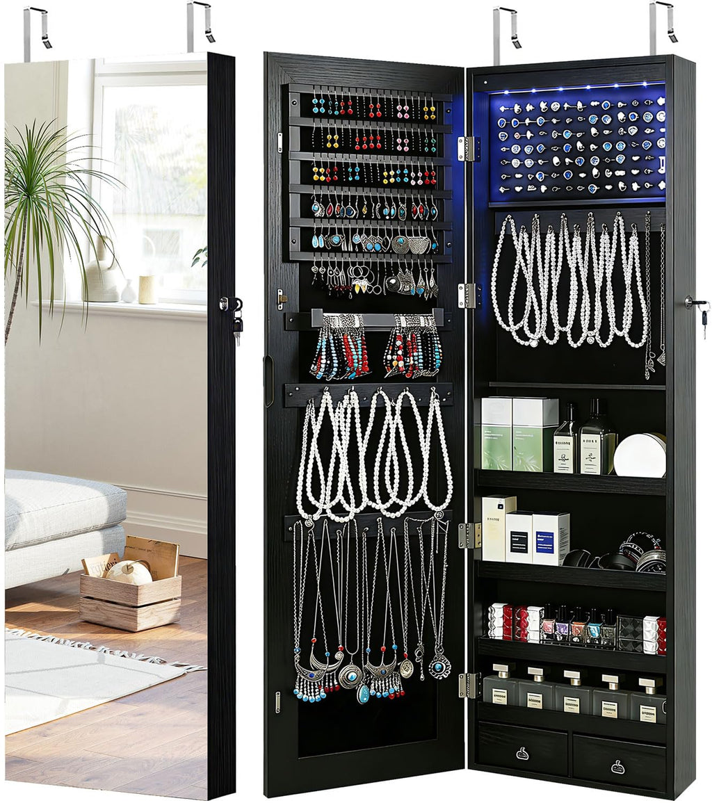 GISSAR Full Length Mirror Jewelry Cabinet, 6 LEDs Jewelry Armoire Wall Mounted Over The Door Hanging, Jewelry Organizer Storage with Lights Lockable, Black, 14.6" x 47.2"