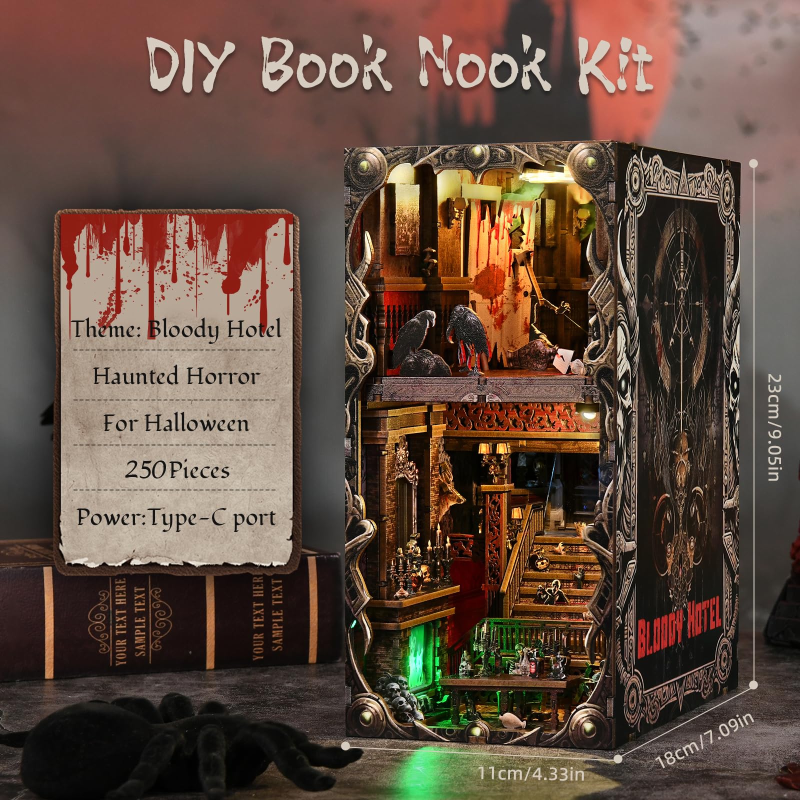 TOYQI DIY Book Nook Kit, Miniature House Dollhouse Kit for Adult and Teens, Book Nook Kits for Adults, Booknook Bookend Alley Model Build, Gifts for Family Friends - Spooky Horror Creepy Haunted House