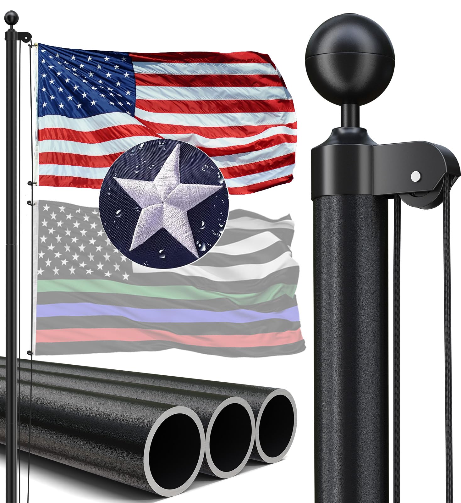 20FT Heavy Duty Flag Pole, 12-Gauge Aluminum, 100MPH Wind Tested | Extra Thick Residential & Commercial Flagpole Kit for Outside House – Includes USA Flag & All Hardware to Fly Two Flags
