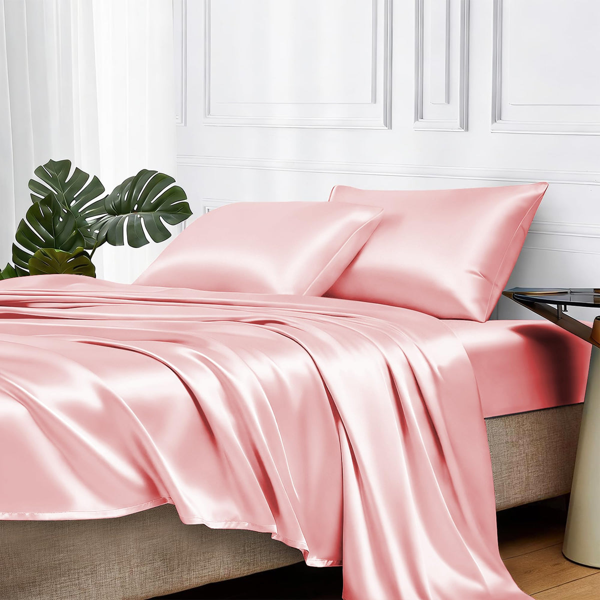 MR&HM Satin Sheets with Elastic Corner Straps, Twin Size 3-Piece Silky Bedding Set, Deep Pocket 15 Inches, Good for Hair & Skin (Twin, Black)