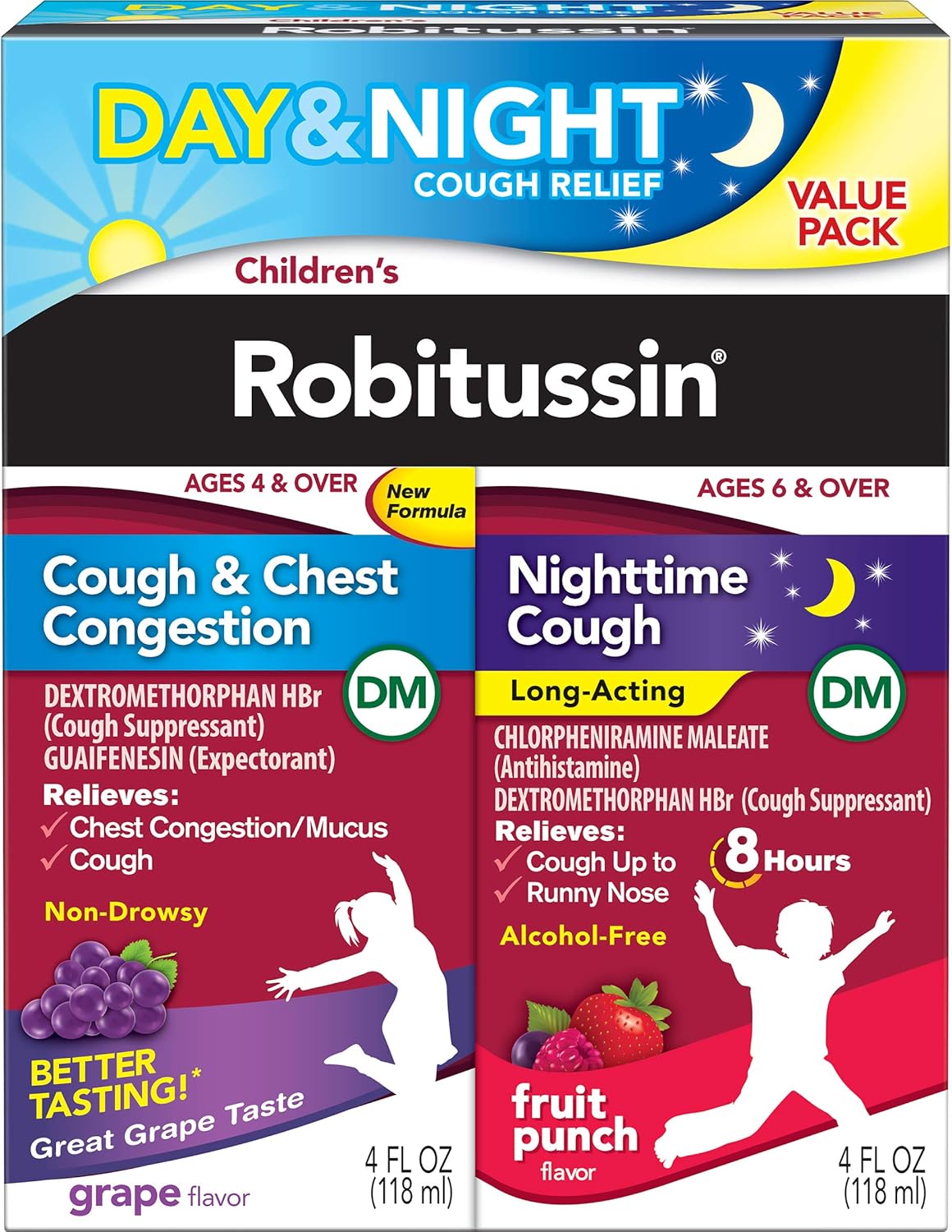 Children's Robitussin DM Day and Night Cough Relief Value Pack, Cough Medicine, Grape/Fruit Punch Flavor - 4 Fl Oz x 2