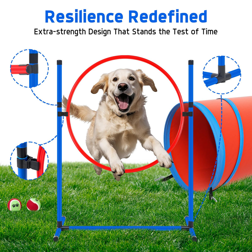 Polar Aurora Dog Agility Equipment, Dog Obstacle Courses Backyard - Pet Outdoor Games w/Adjustable High Jump, Agility Weave Poles, Tunnel, Jumping Ring, Pause Box, 2 Balls,Whistle and Carrying Bag