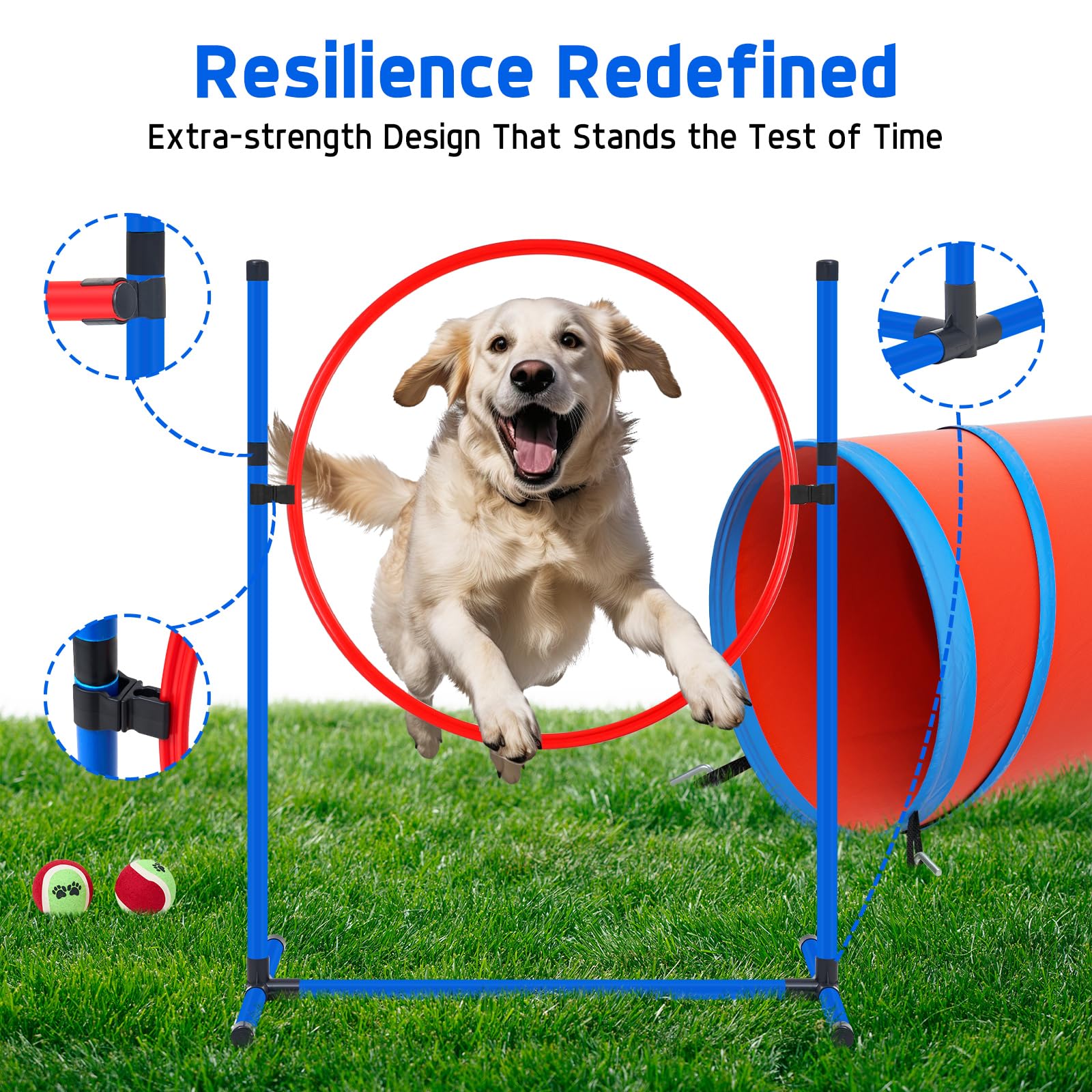 Polar Aurora Dog Agility Equipment, Dog Obstacle Courses Backyard - Pet Outdoor Games w/Adjustable High Jump, Agility Weave Poles, Tunnel, Jumping Ring, Pause Box, 2 Balls,Whistle and Carrying Bag