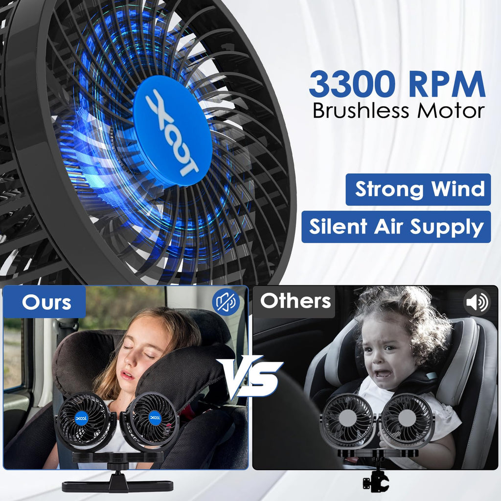 XOOL Clip Car Fan, 9 Inches 12V/24V Fan, 360° Rotatable Electric Cooling Clip on Fan with Stepless Speed Regulation for SUV, RV, Truck