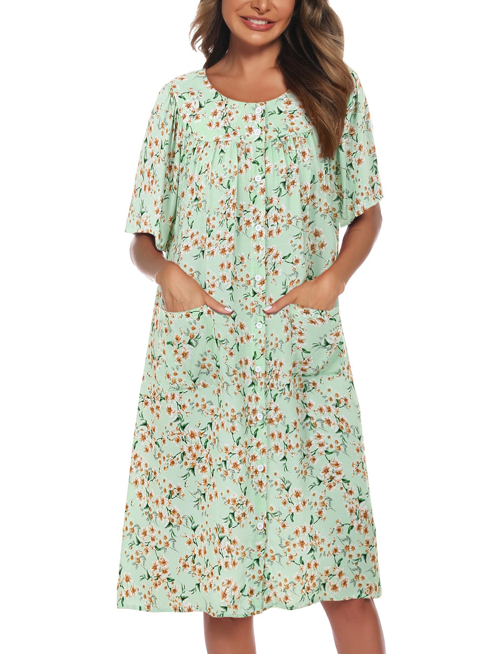 COSUNIONY House Dresses for Women Cotton Short Sleeve House Coat Buttons Down Dusters Robe with Pockets S-XXL